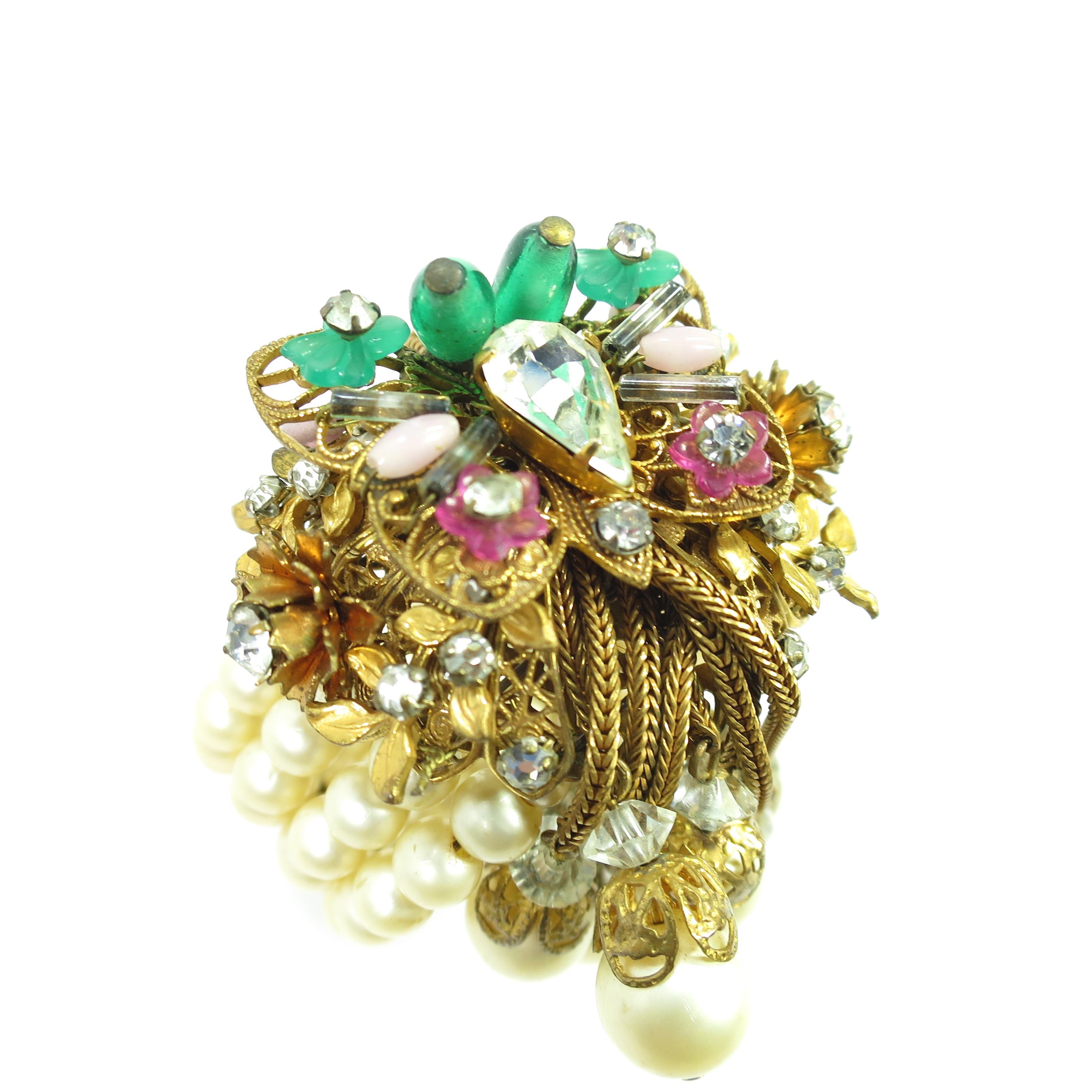 Miriam Haskell Faux Pearl, Crystal, & Art Glass Cuff Bracelet, 1950s For Sale 8