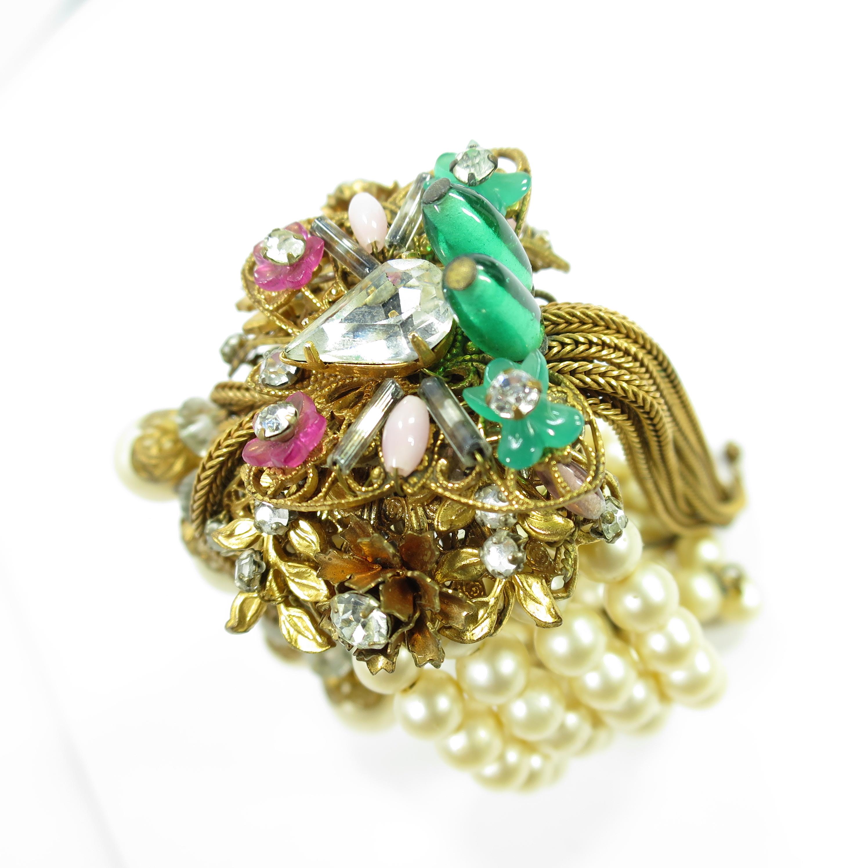 Miriam Haskell Faux Pearl, Crystal, & Art Glass Cuff Bracelet, 1950s For Sale 9