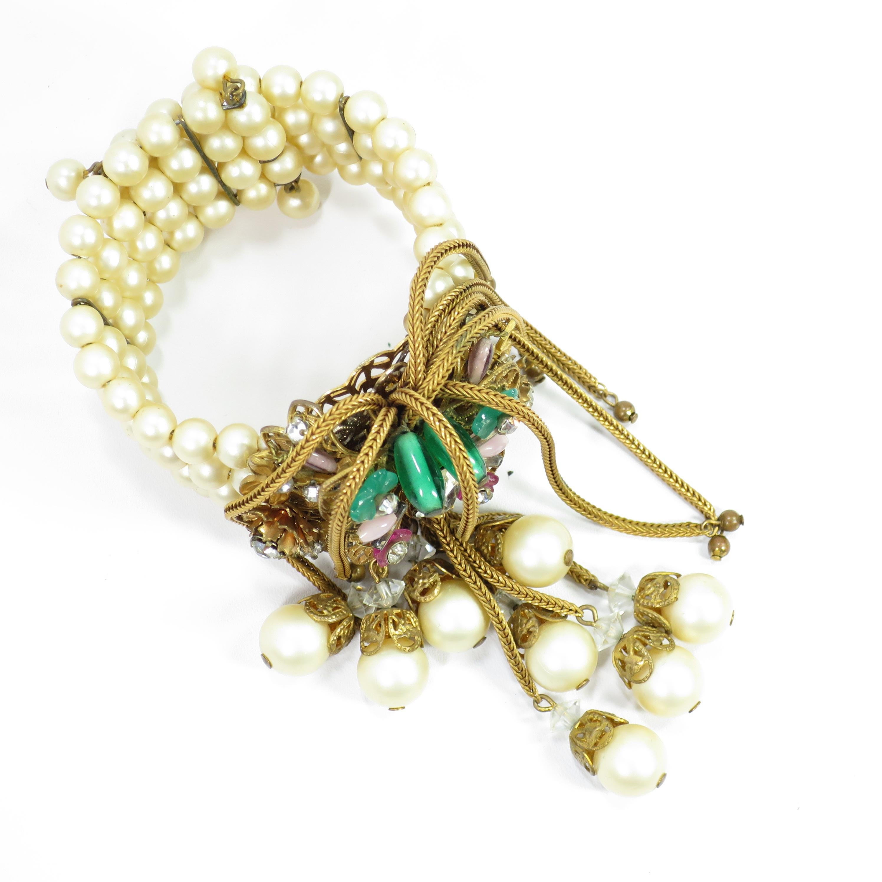 Miriam Haskell Faux Pearl, Crystal, & Art Glass Cuff Bracelet, 1950s For Sale 11