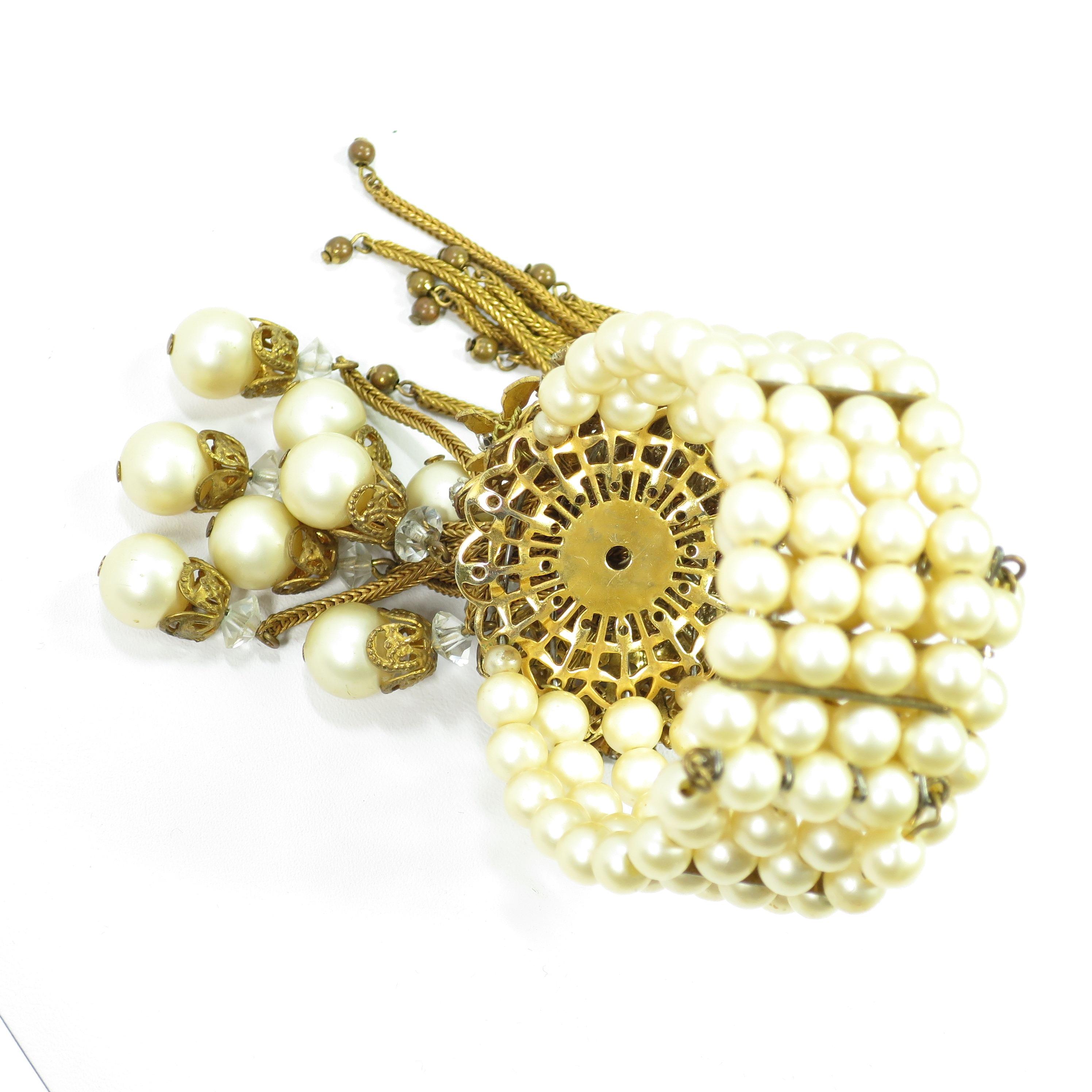 Miriam Haskell Faux Pearl, Crystal, & Art Glass Cuff Bracelet, 1950s For Sale 12