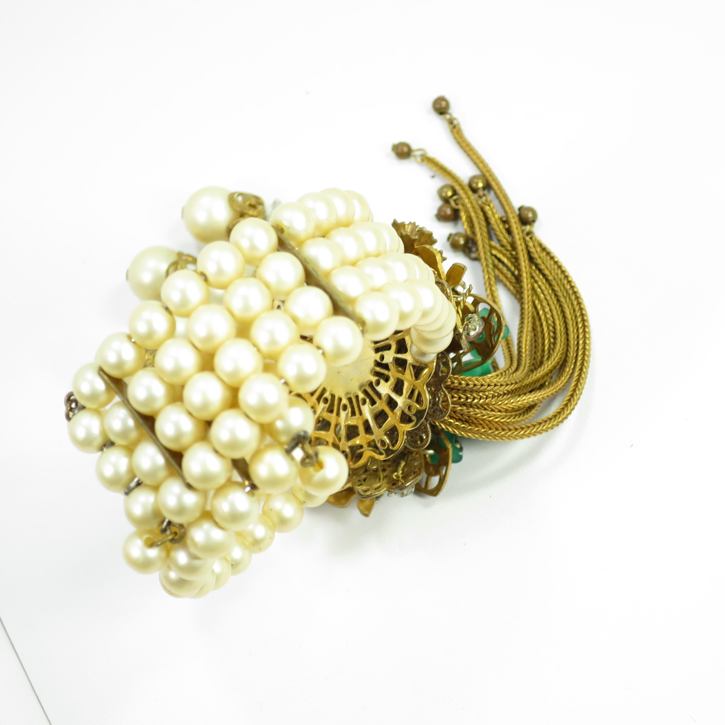 Miriam Haskell Faux Pearl, Crystal, & Art Glass Cuff Bracelet, 1950s For Sale 13