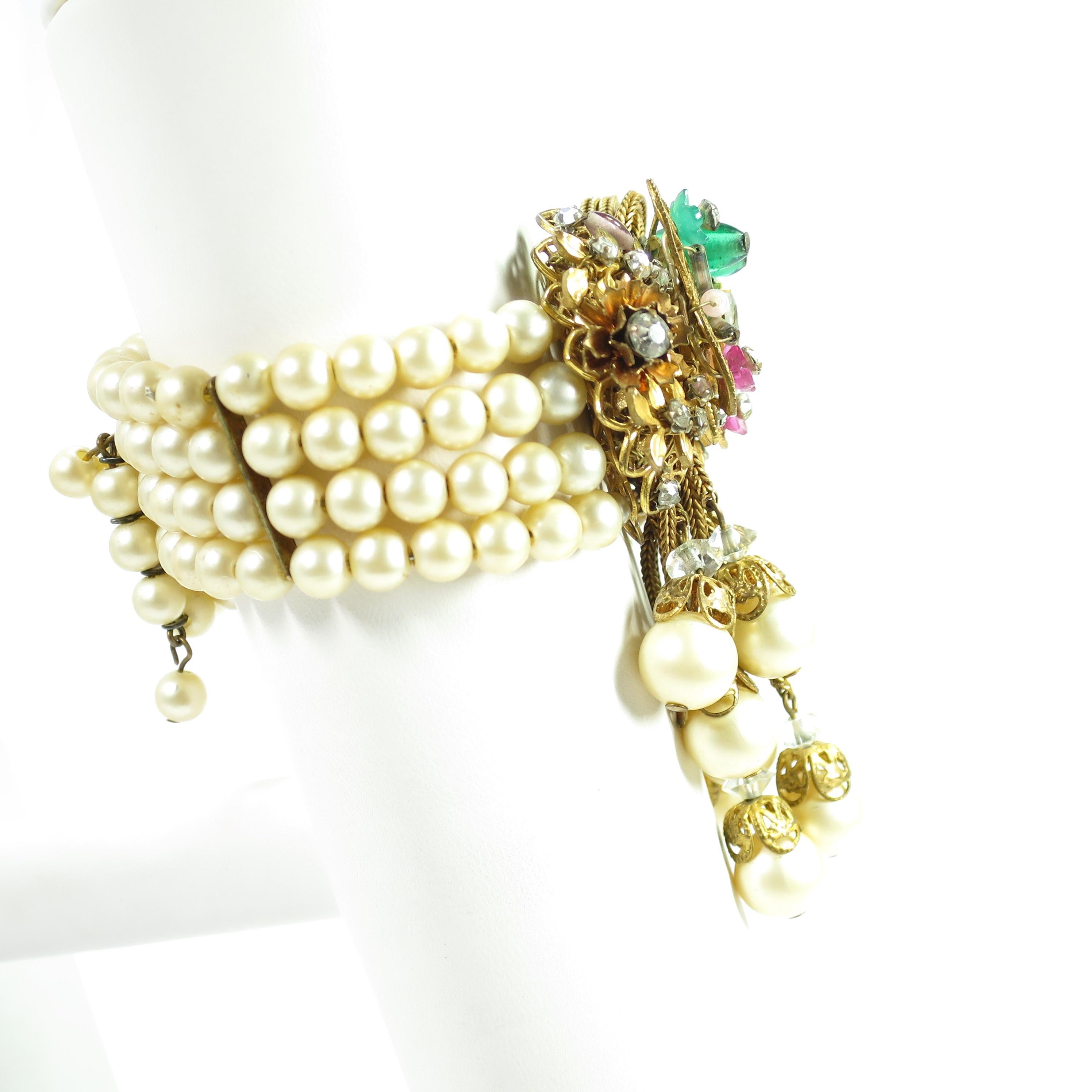 Miriam Haskell Faux Pearl, Crystal, & Art Glass Cuff Bracelet, 1950s In Good Condition For Sale In Burbank, CA