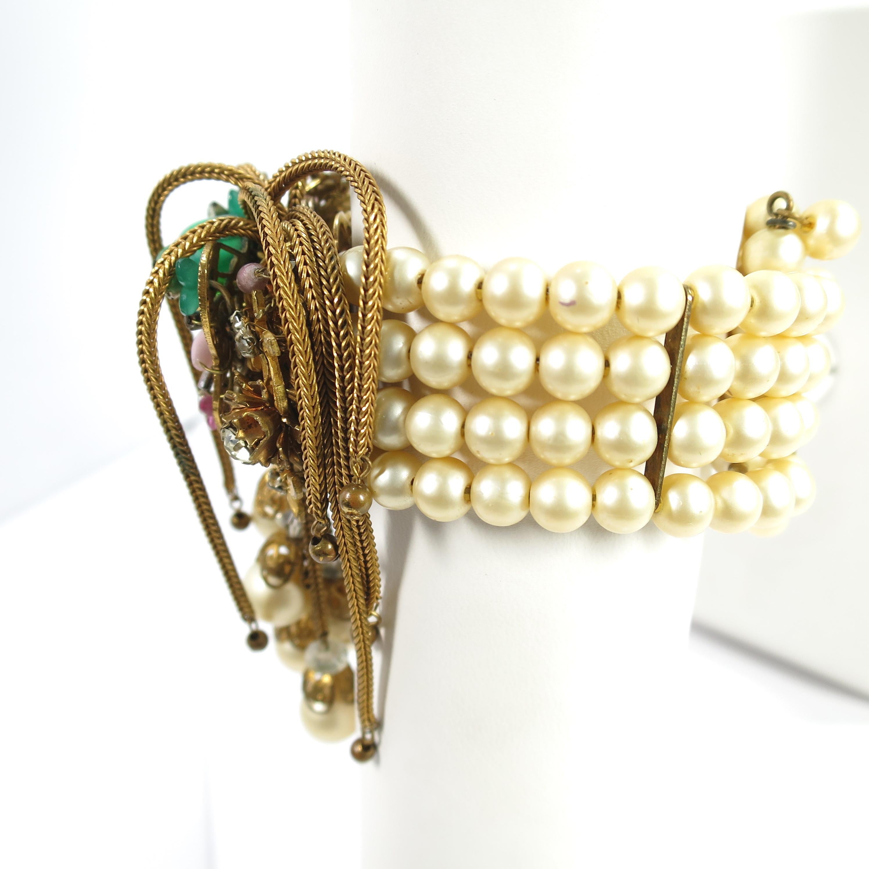 Women's Miriam Haskell Faux Pearl, Crystal, & Art Glass Cuff Bracelet, 1950s For Sale