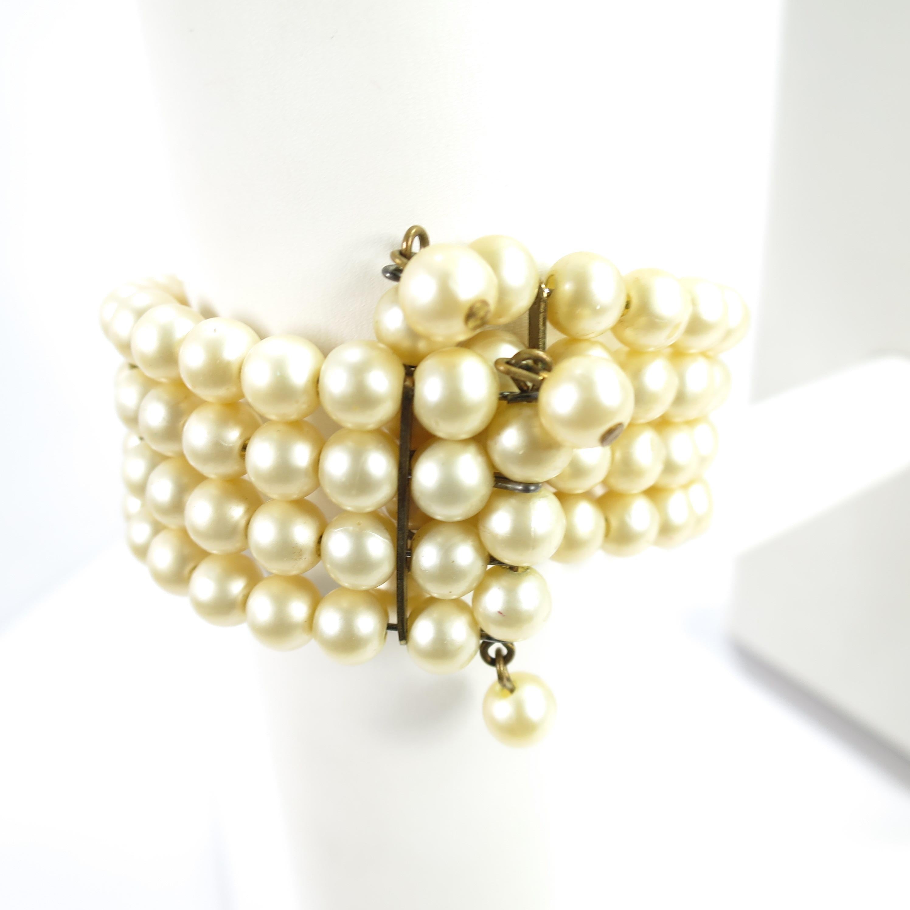 Miriam Haskell Faux Pearl, Crystal, & Art Glass Cuff Bracelet, 1950s For Sale 1