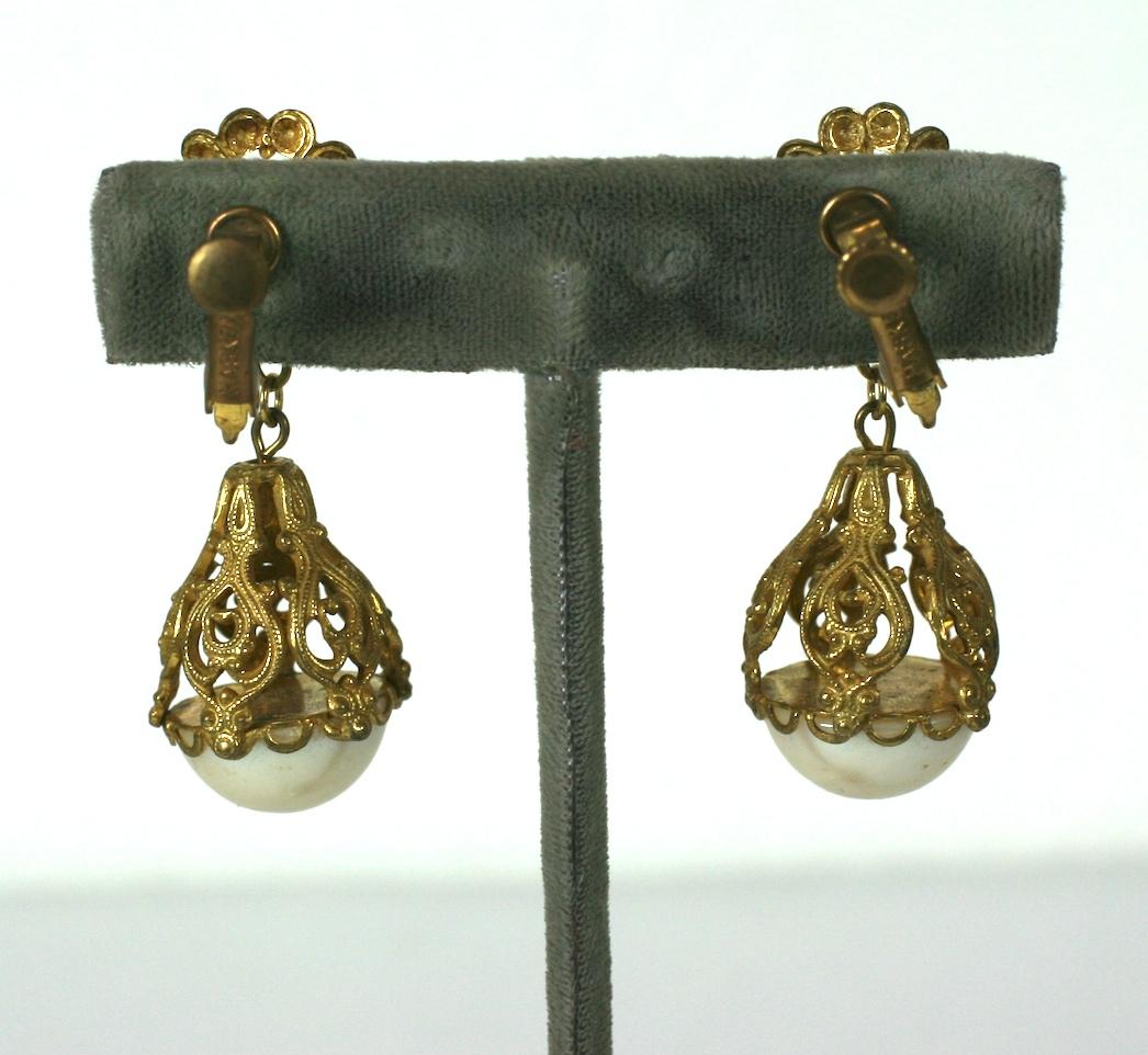 Miriam Haskell Filigree Pearl Drop Earrings In Excellent Condition For Sale In New York, NY