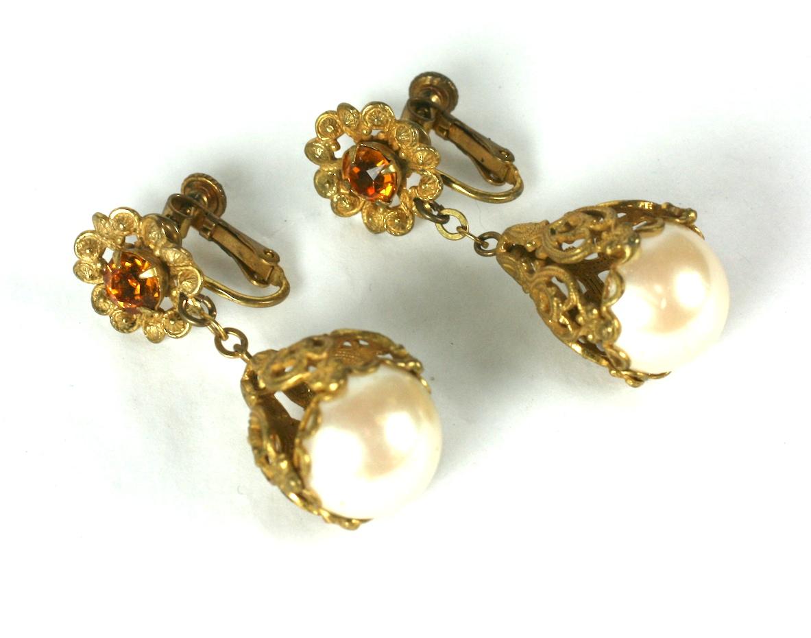 Women's or Men's Miriam Haskell Filigree Pearl Drop Earrings For Sale