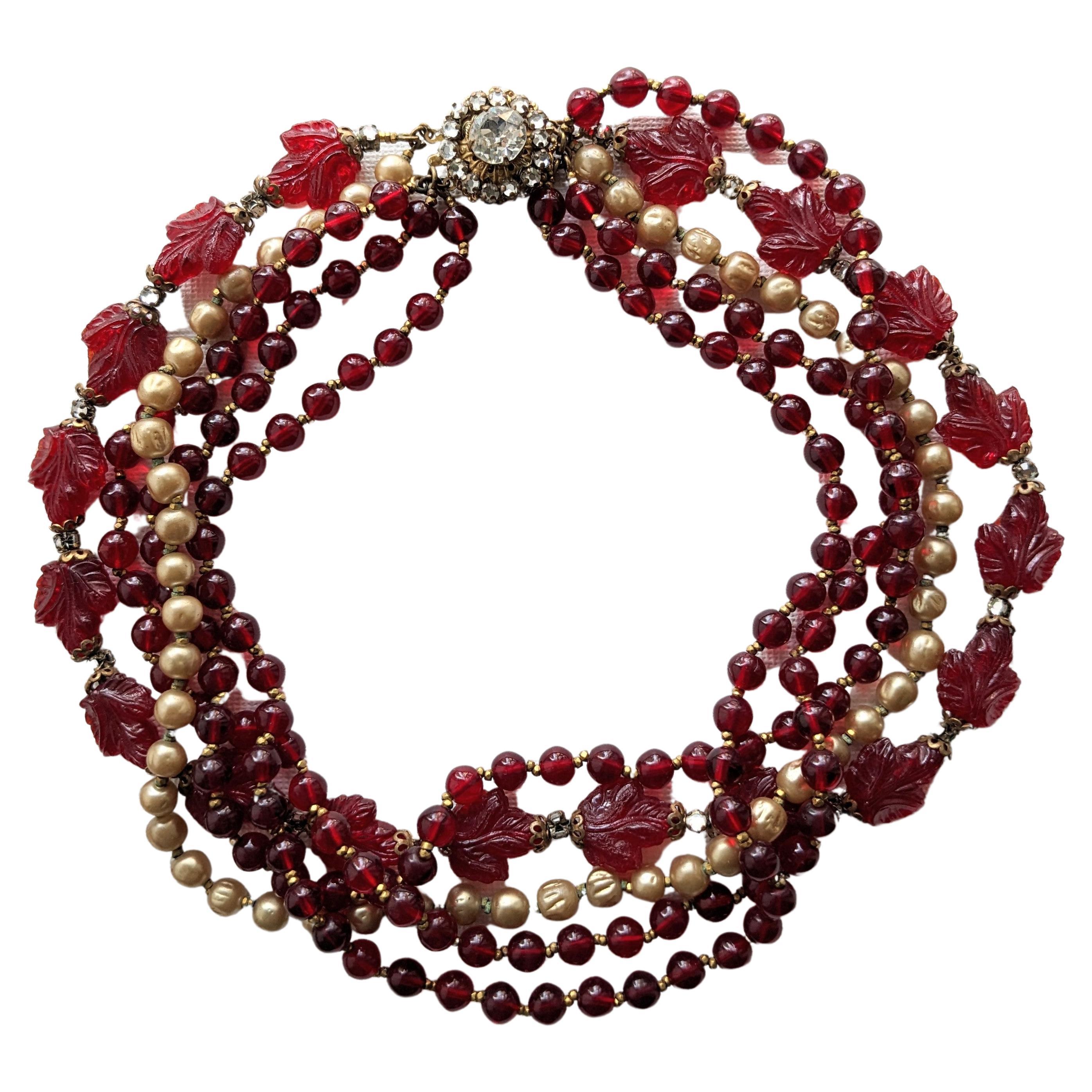 Miriam Haskell Ruby Leaf Necklace, Gripoix Glass For Sale