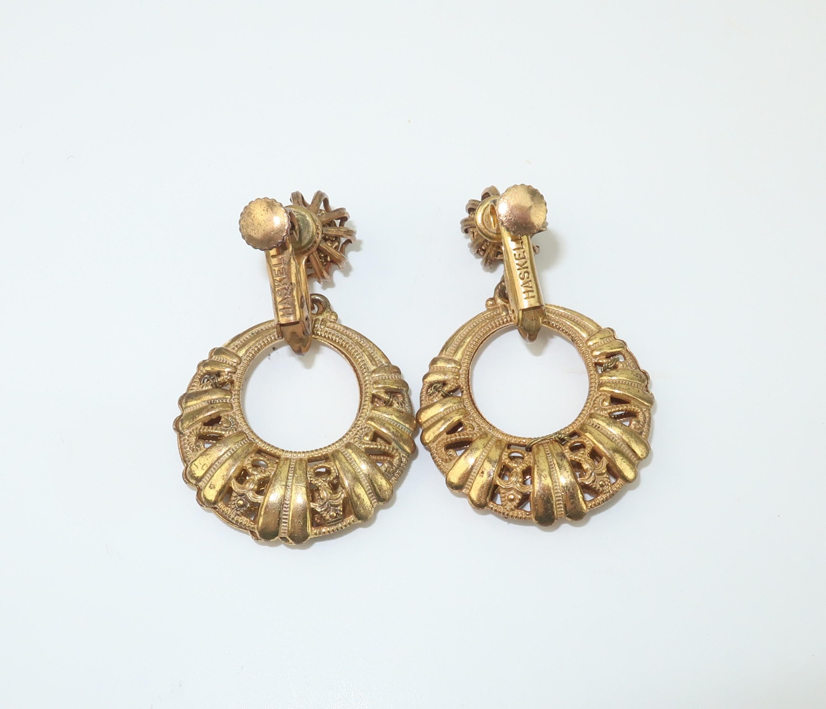 Byzantine Miriam Haskell Gilt Filigree Hoop Earrings, 1960's