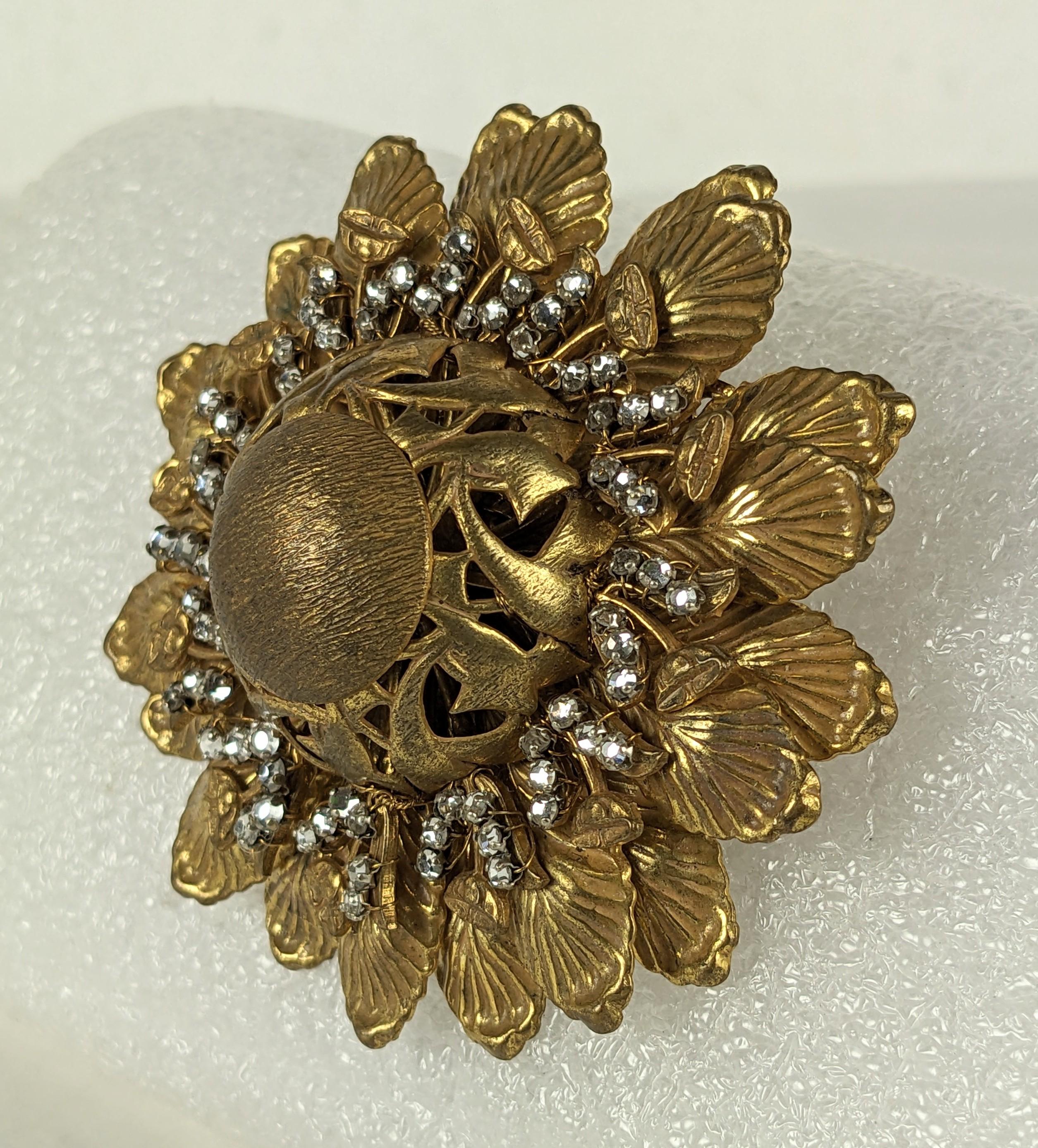 Retro Miriam Haskell Gilt Flower with Rose Montees For Sale