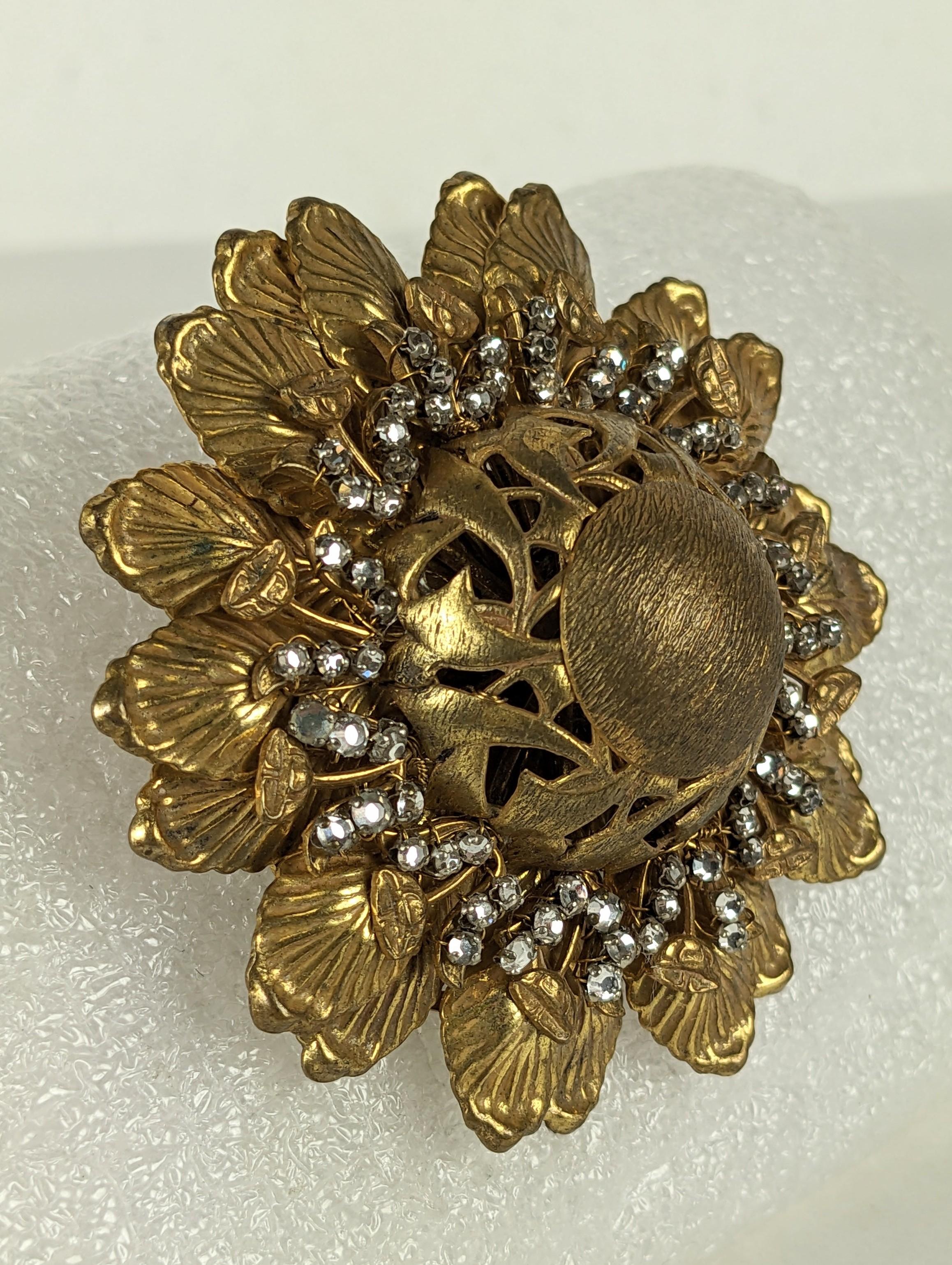 Miriam Haskell Gilt Flower with Rose Montees In Good Condition For Sale In New York, NY