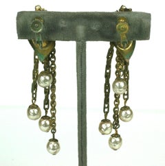 Miriam Haskell Gilt Leaf, Chain and Faux Pearl Earrings