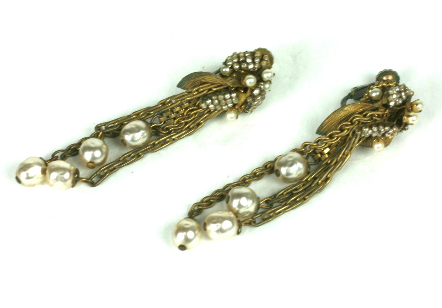 Miriam Haskell Gilt Leaf, Chain and Faux Pearl Earrings In Excellent Condition For Sale In New York, NY