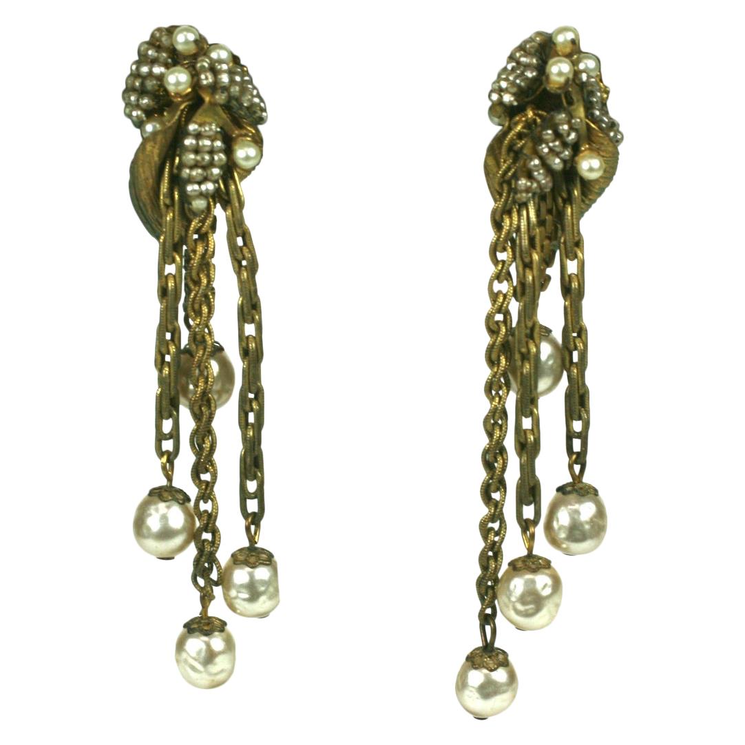 Miriam Haskell Gilt Leaf, Chain and Faux Pearl Earrings For Sale