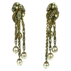 Miriam Haskell Gilt Leaf, Chain and Faux Pearl Earrings