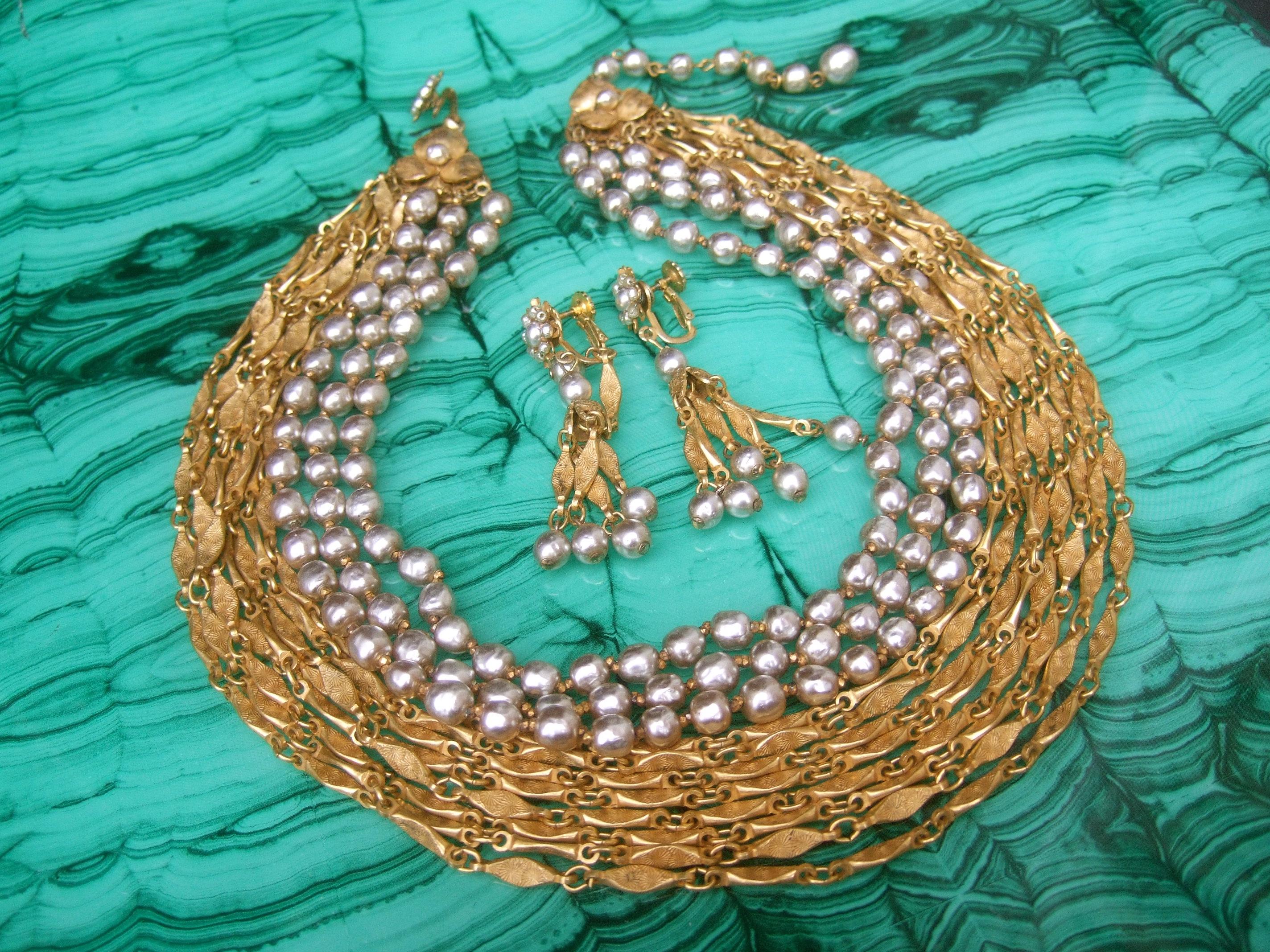Edwardian Miriam Haskell Glass Baroque Pearls & Chains Choker Necklace & Earrings  c 1960s