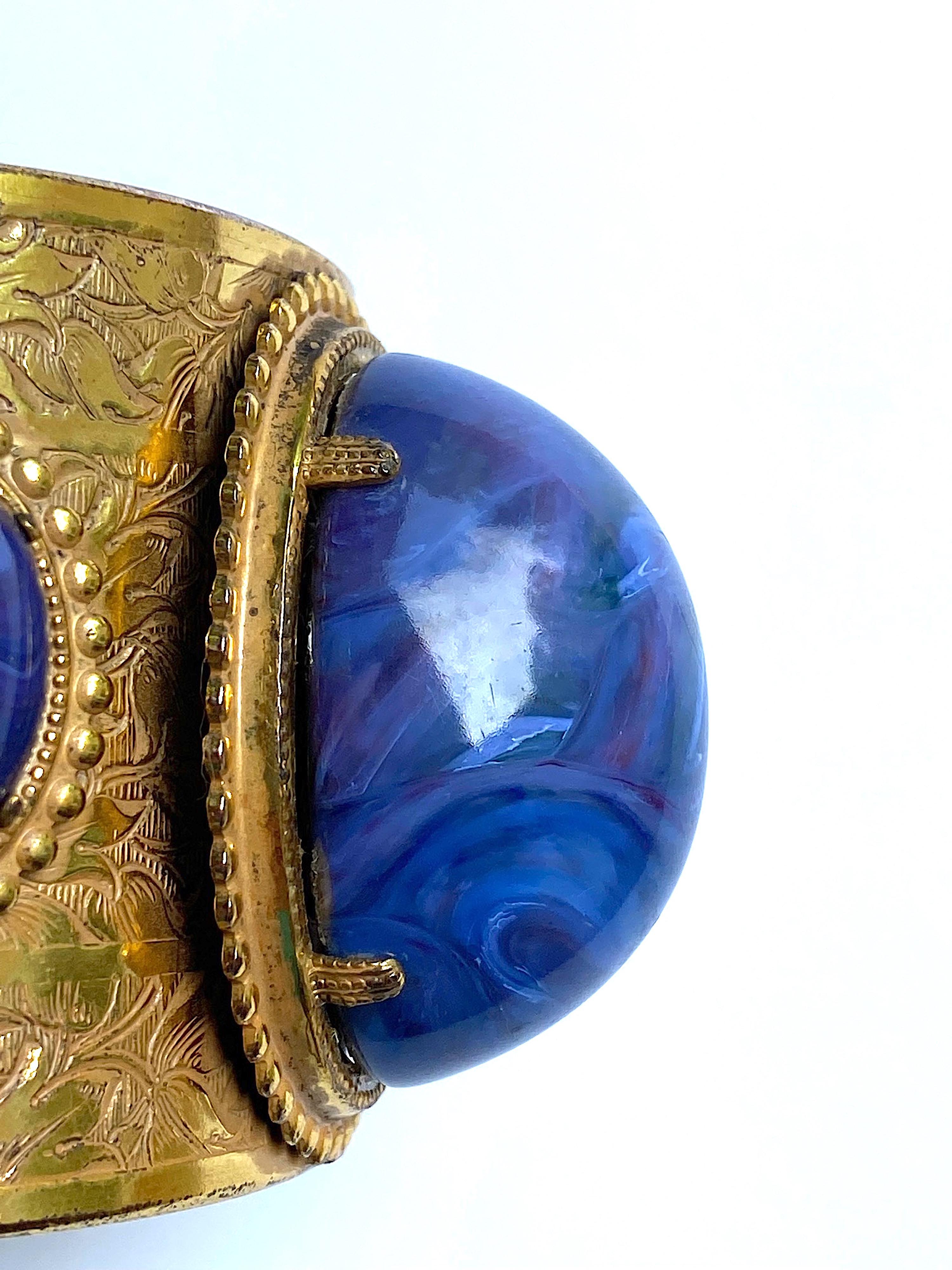 Miriam Haskell Gold and Faux Blue Lapis Cabochon Large Cuff Bracelet, 1960/70s 5