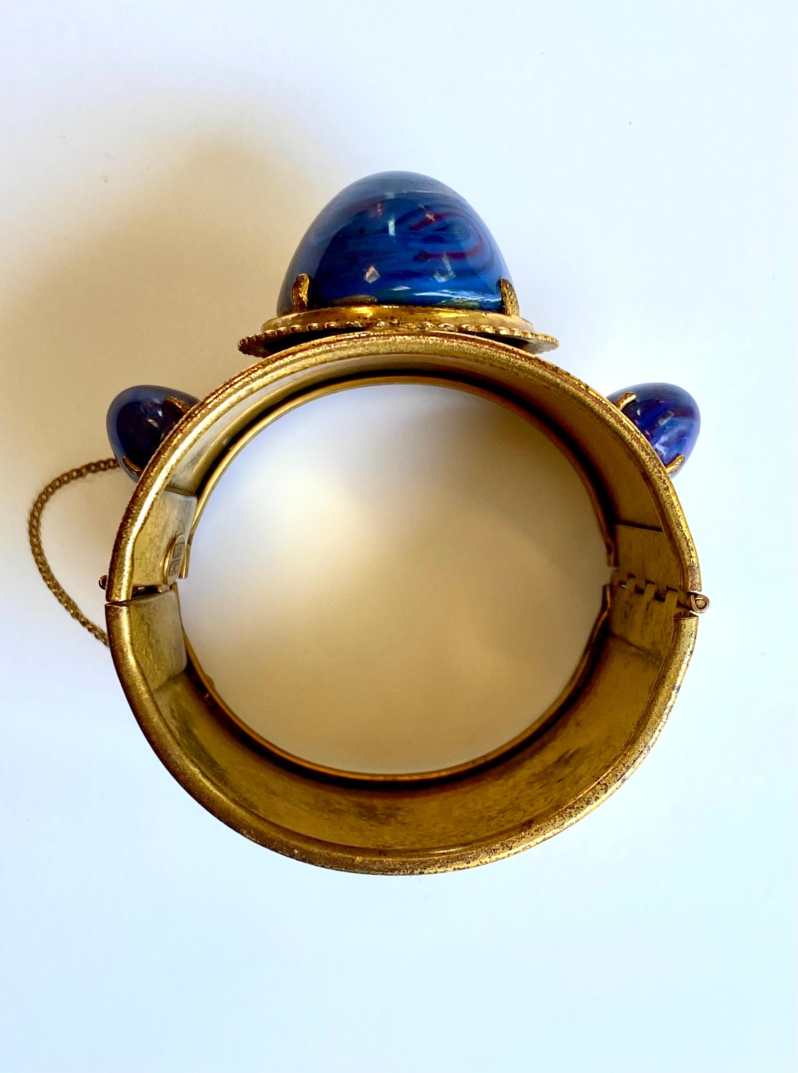 Miriam Haskell Gold and Faux Blue Lapis Cabochon Large Cuff Bracelet, 1960/70s 6