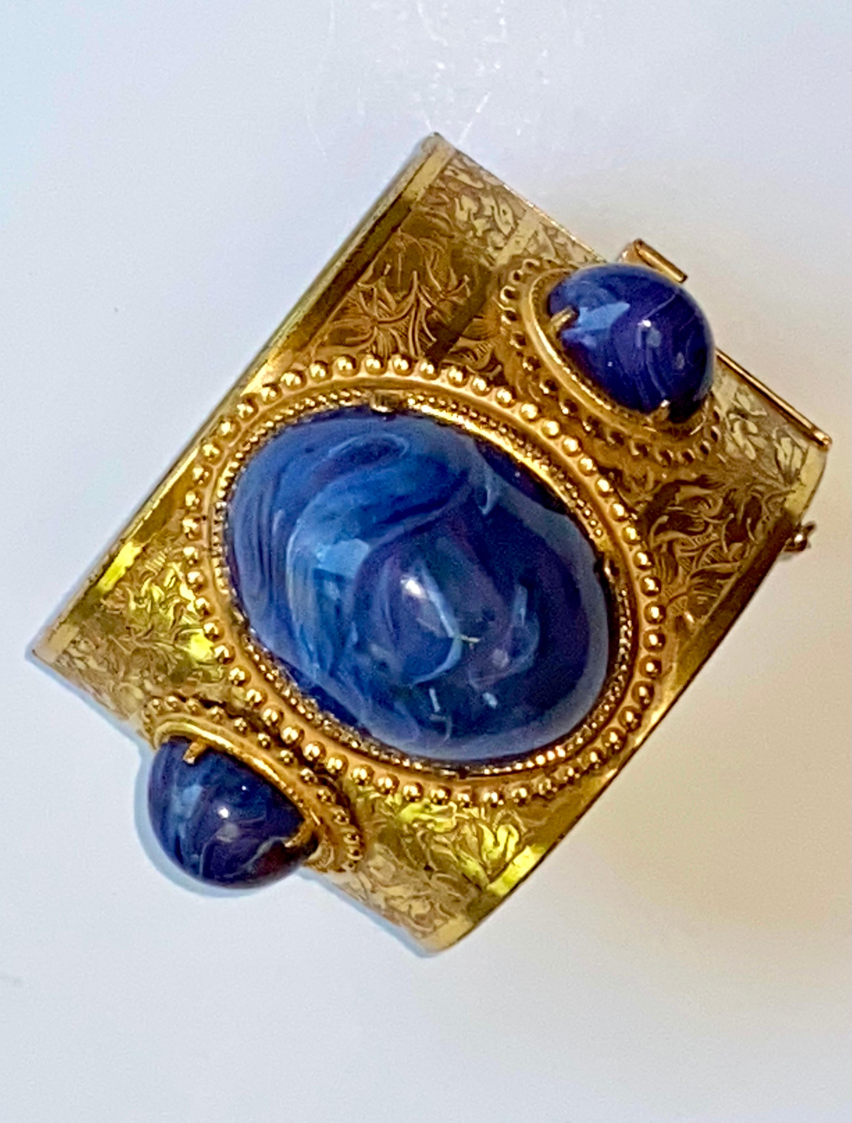 Miriam Haskell Gold and Faux Blue Lapis Cabochon Large Cuff Bracelet, 1960/70s In Good Condition In New York, NY