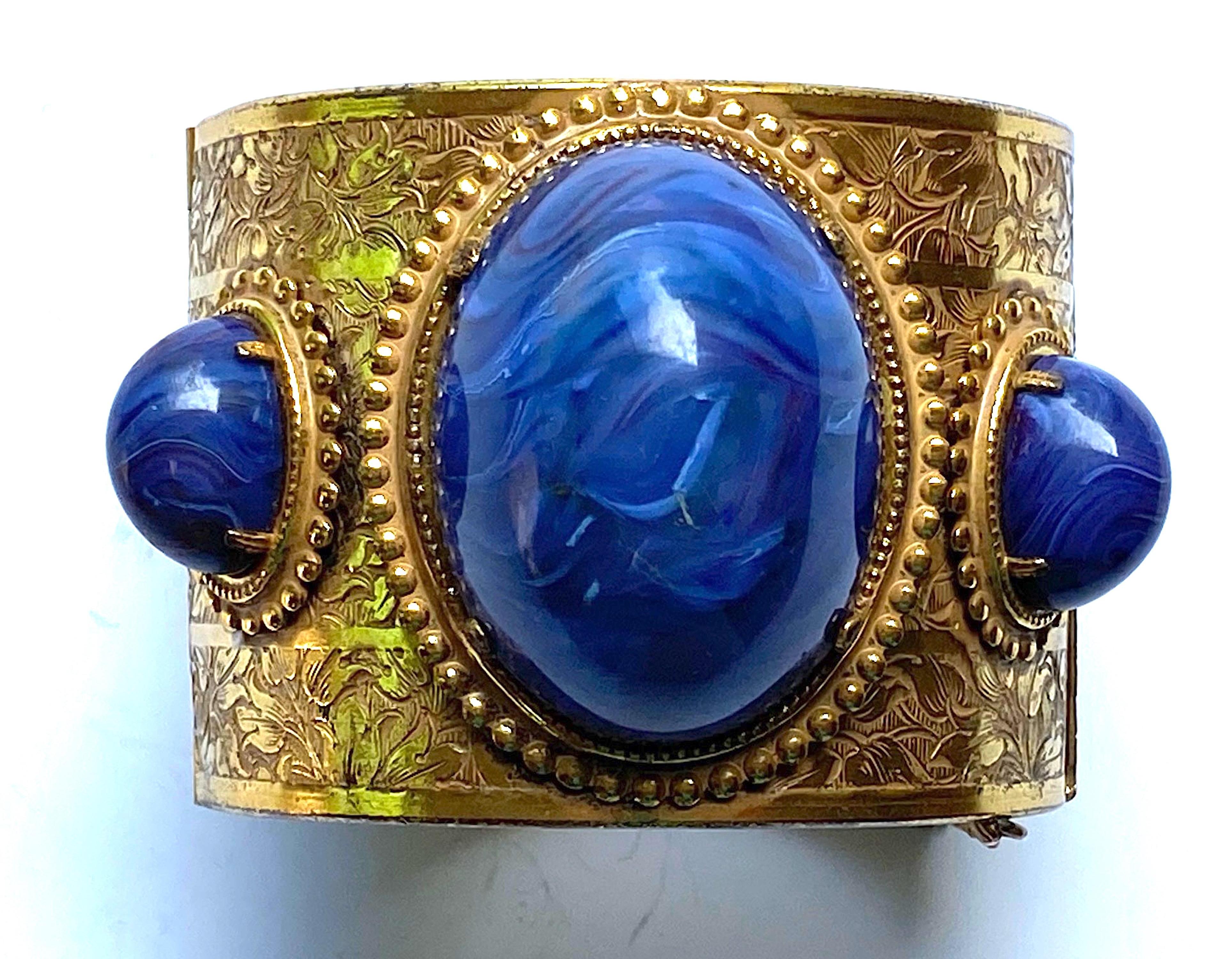 Women's Miriam Haskell Gold and Faux Blue Lapis Cabochon Large Cuff Bracelet, 1960/70s