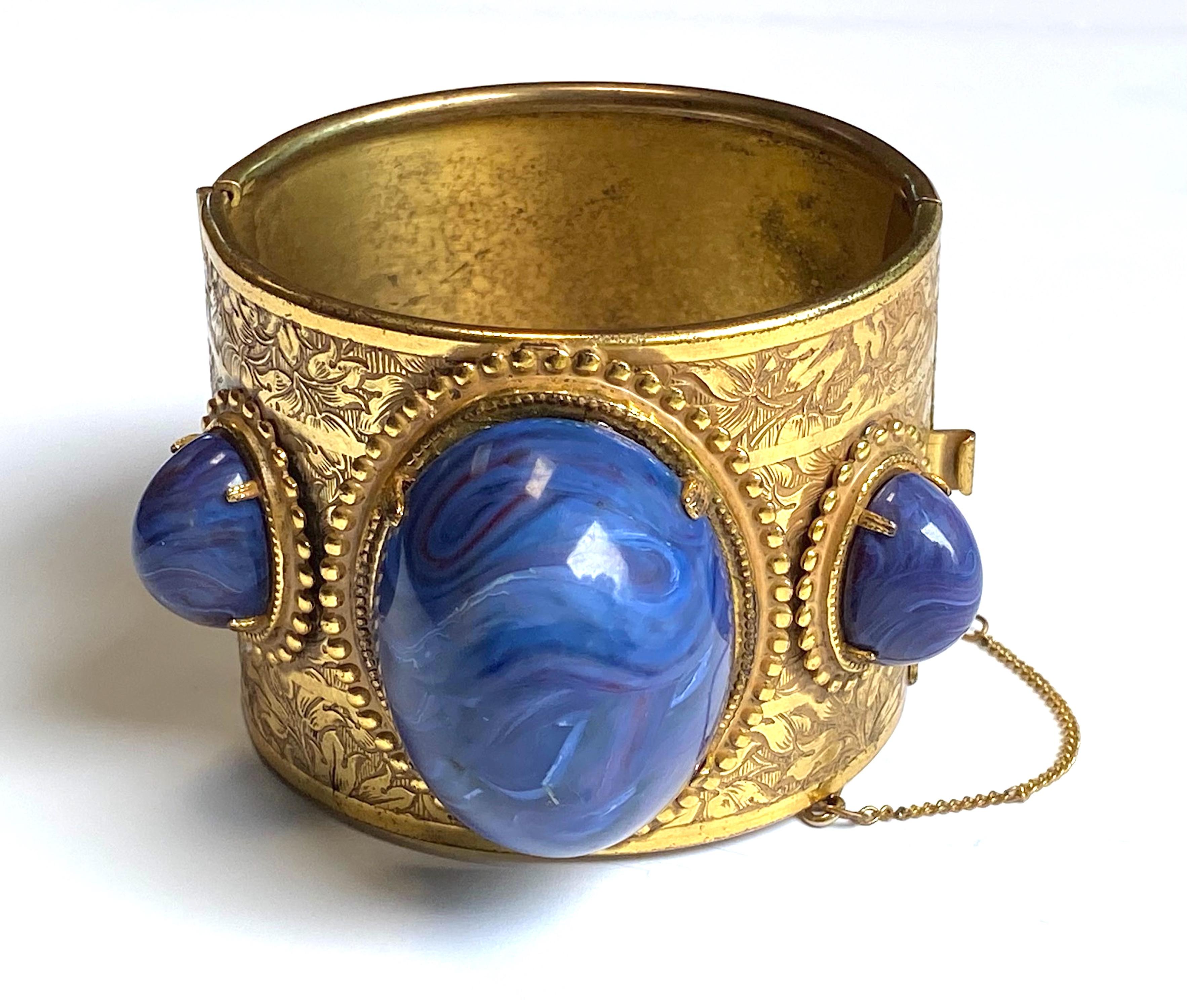 Miriam Haskell Gold and Faux Blue Lapis Cabochon Large Cuff Bracelet, 1960/70s 1