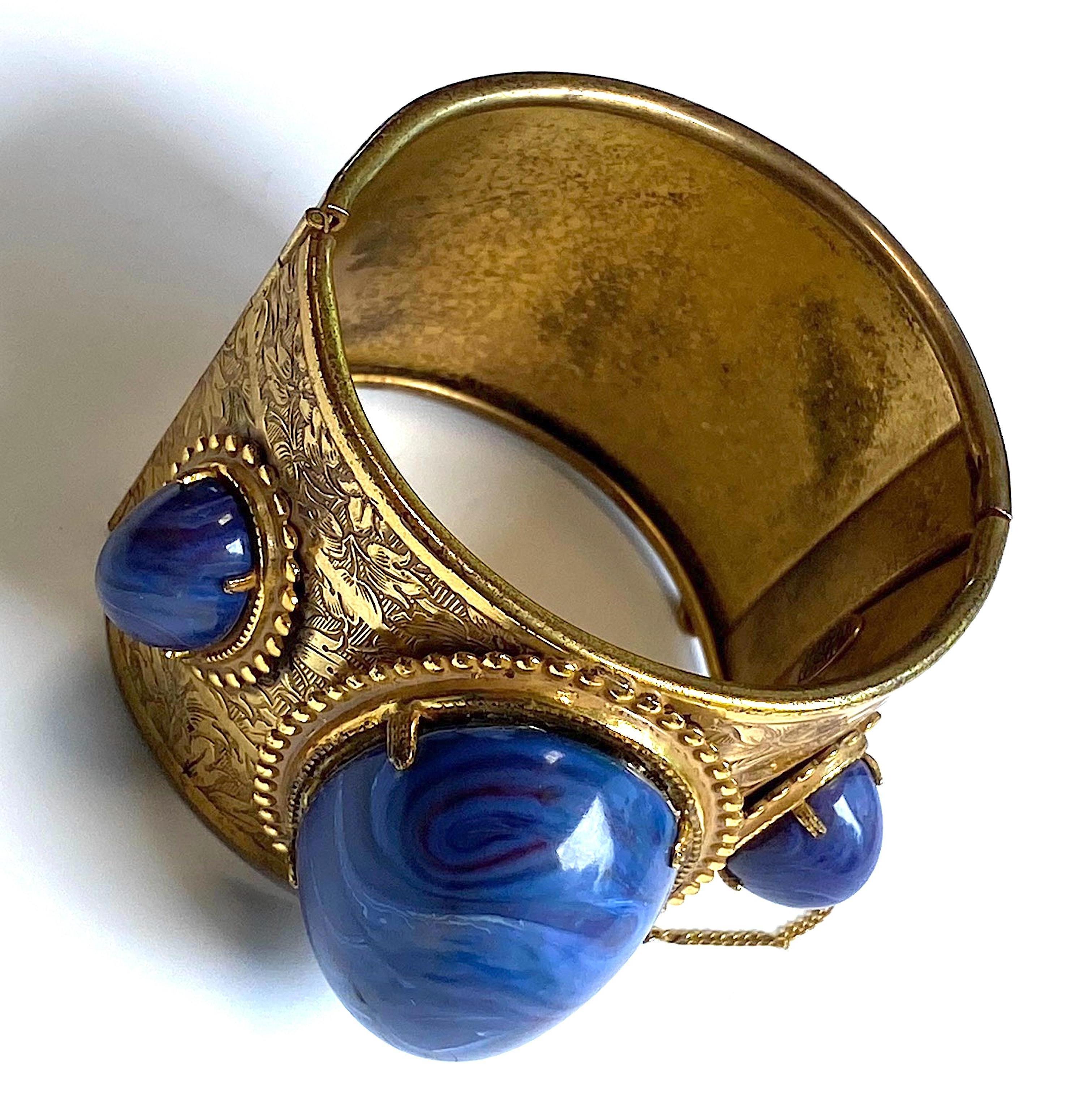 Miriam Haskell Gold and Faux Blue Lapis Cabochon Large Cuff Bracelet, 1960/70s 2