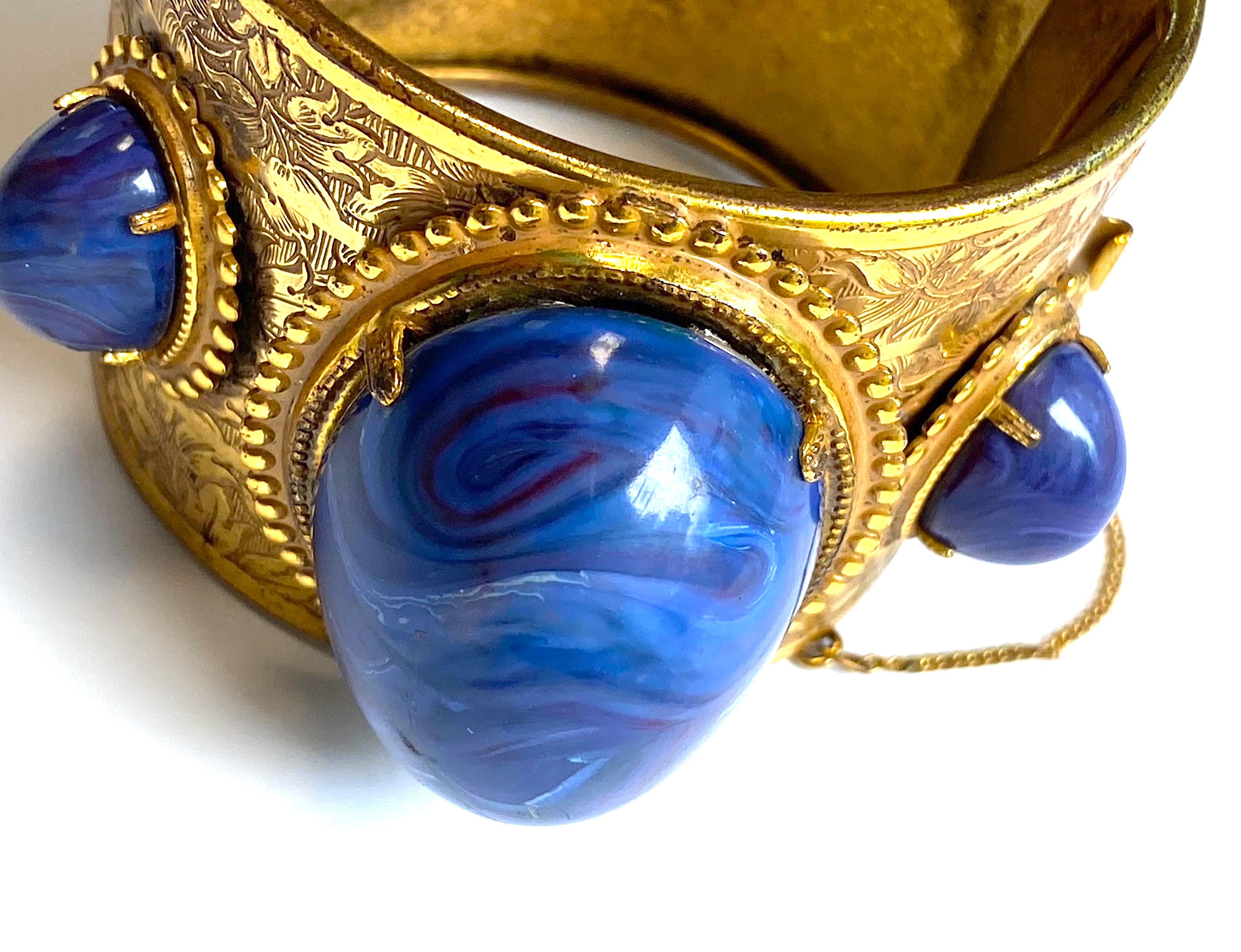 Miriam Haskell Gold and Faux Blue Lapis Cabochon Large Cuff Bracelet, 1960/70s 3