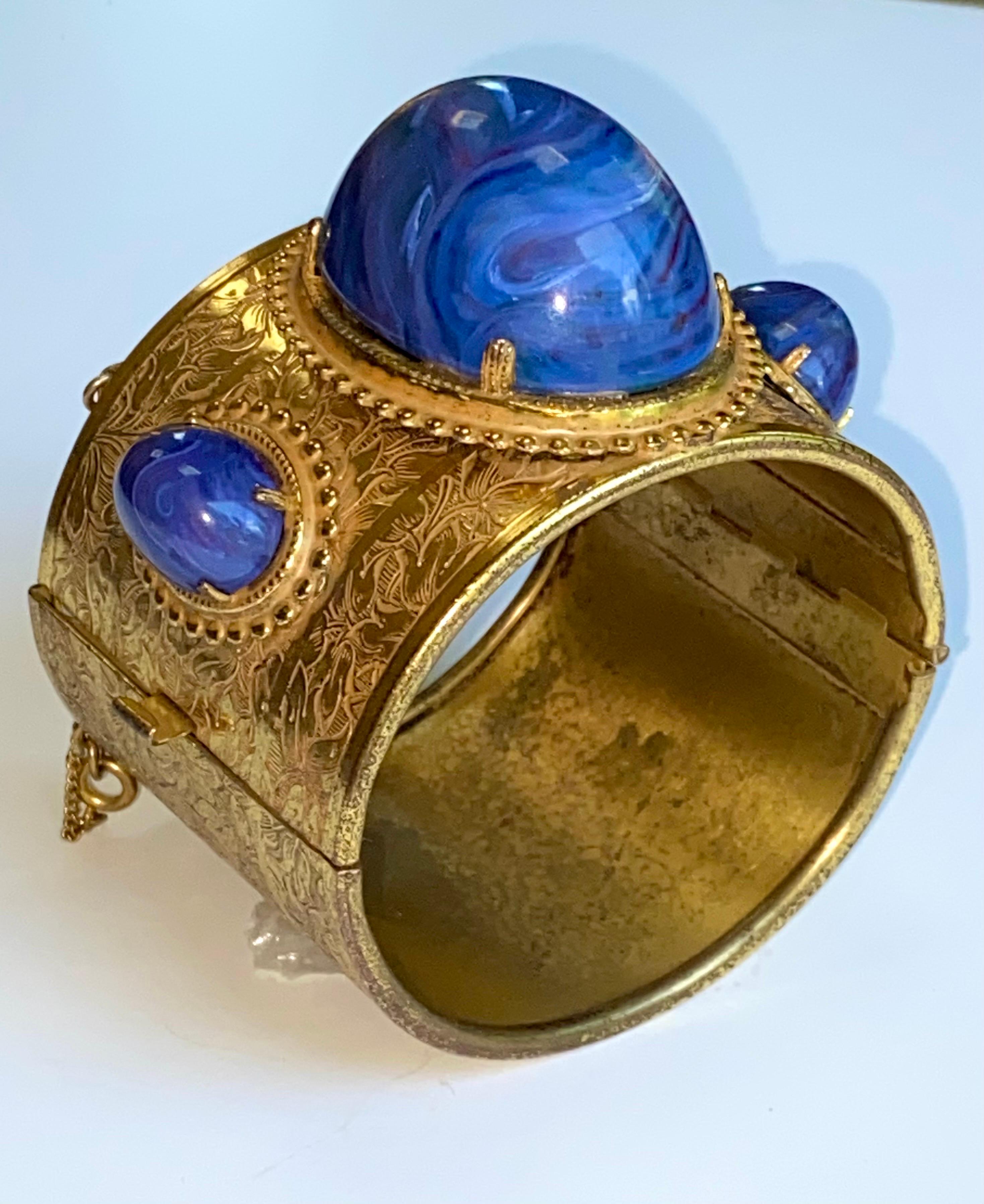 Miriam Haskell Gold and Faux Blue Lapis Cabochon Large Cuff Bracelet, 1960/70s 4
