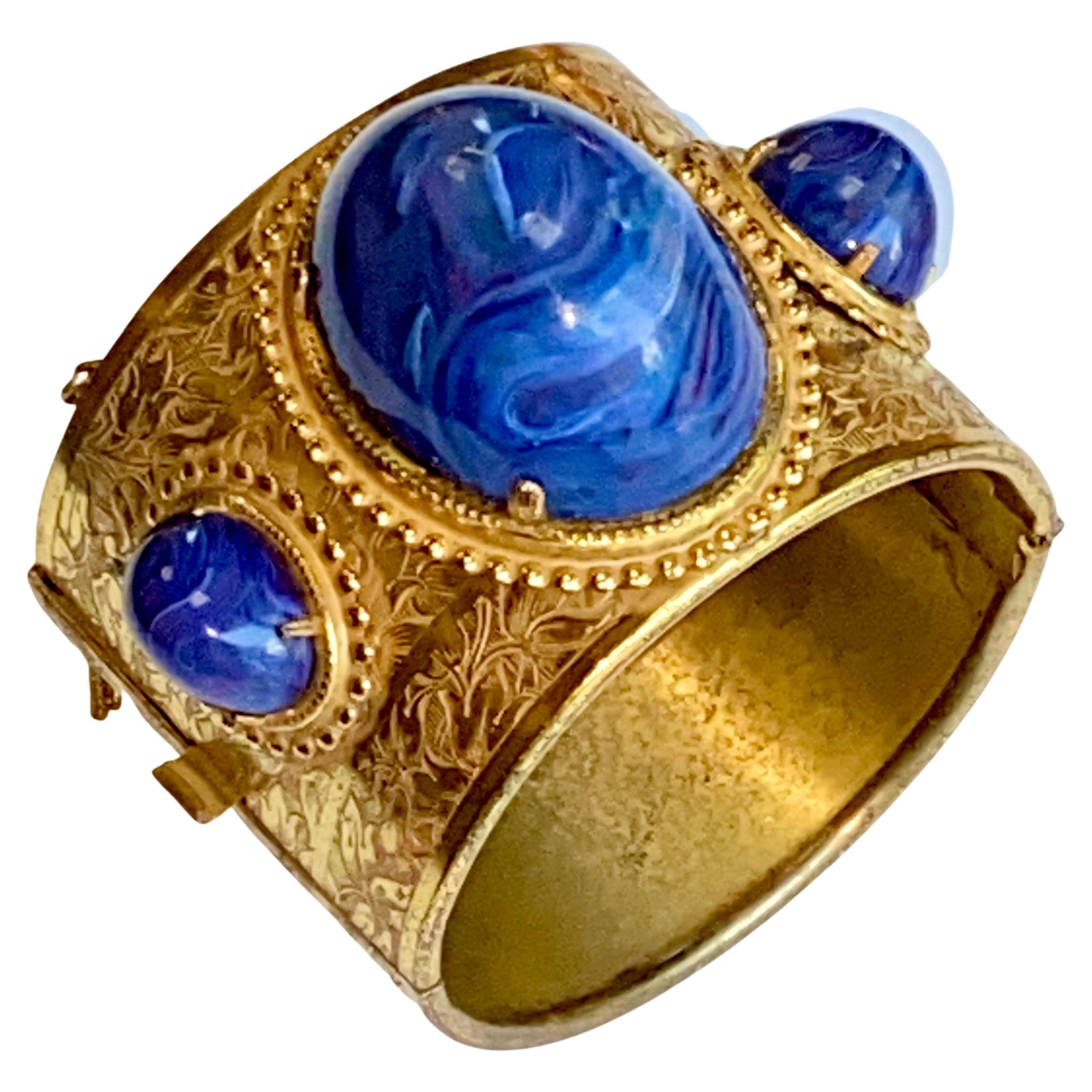 Miriam Haskell Gold and Faux Blue Lapis Cabochon Large Cuff Bracelet, 1960/70s