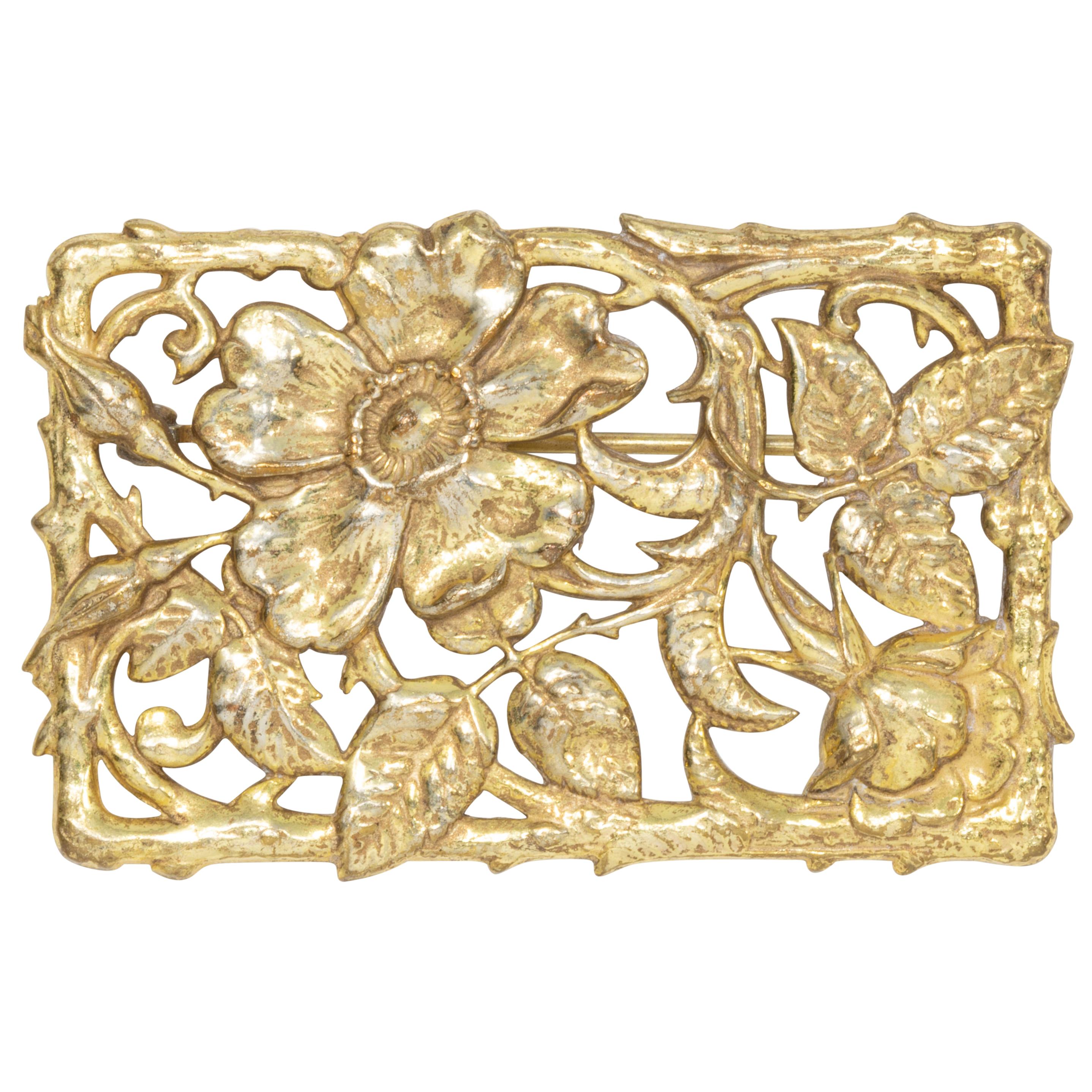 Miriam Haskell Gold Open Filigree Flower Pin Brooch, Mid 1900s
