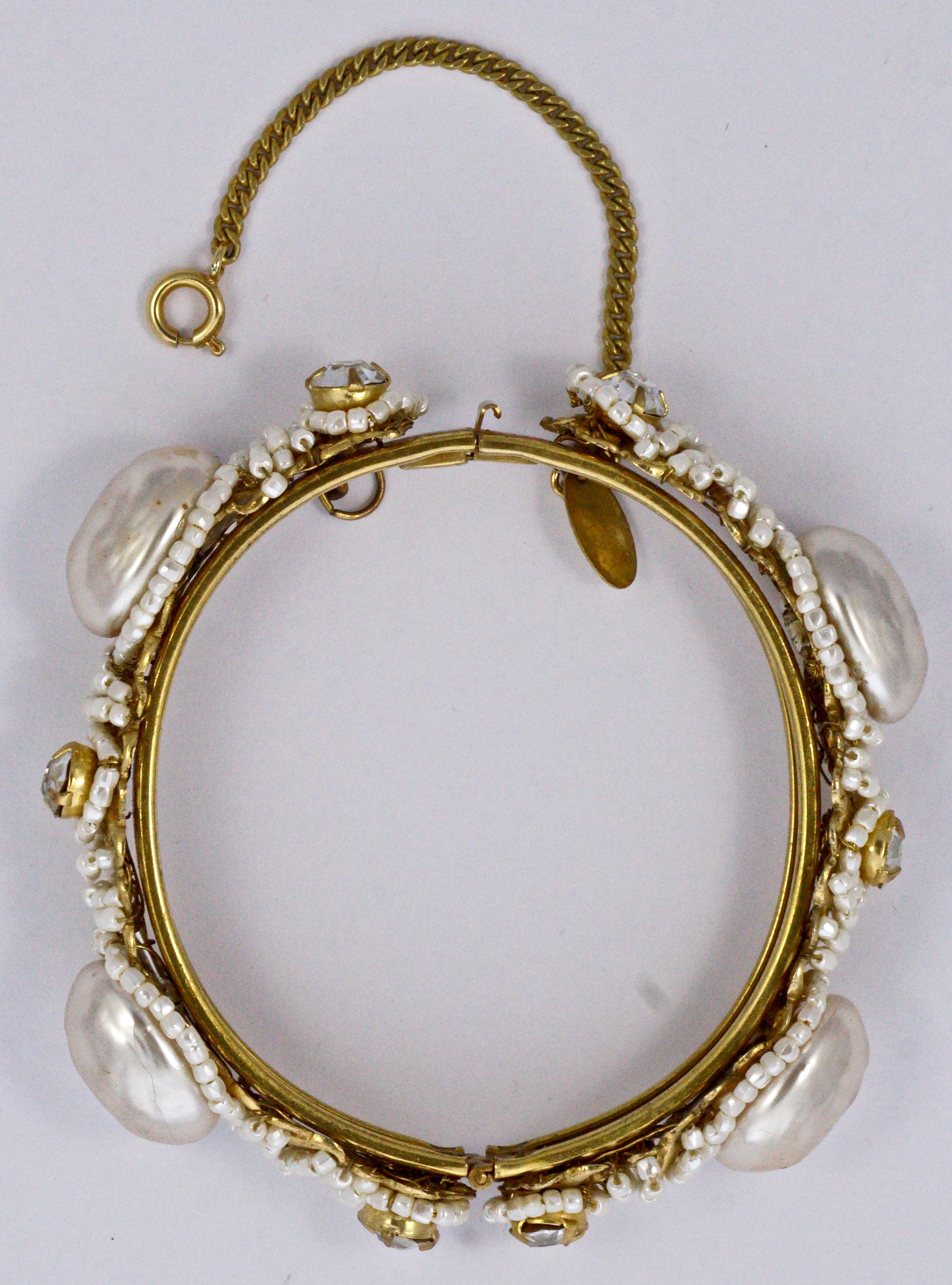 Miriam Haskell Gold Tone Baroque Pearl Bracelet with Beads and Rhinestones In Good Condition In London, GB