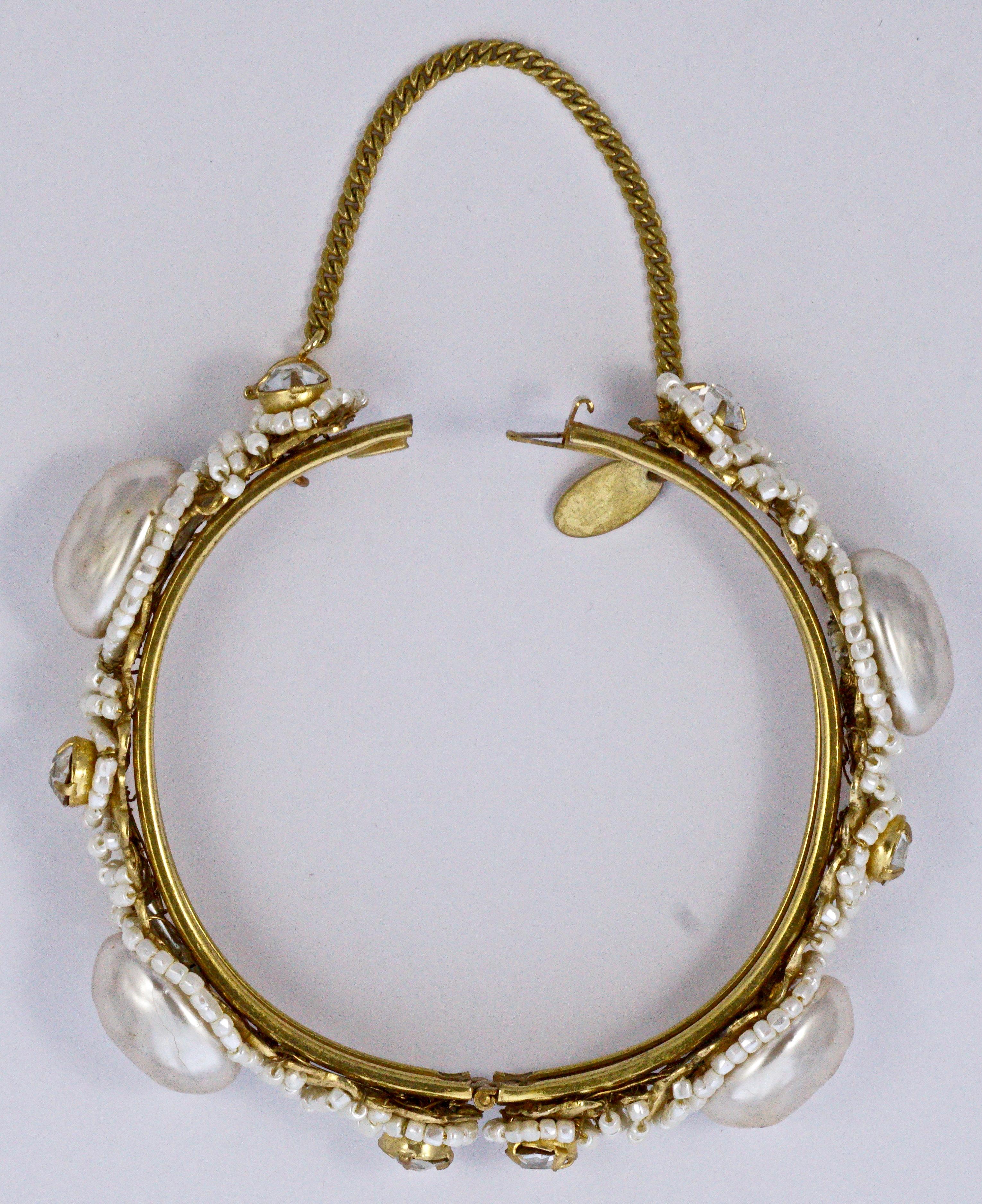 Miriam Haskell Gold Tone Baroque Pearl Bracelet with Beads and Rhinestones 1