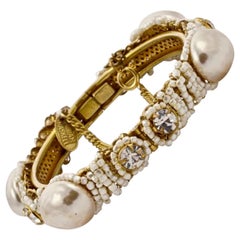 Miriam Haskell Gold Tone Baroque Pearl Bracelet with Beads and Rhinestones