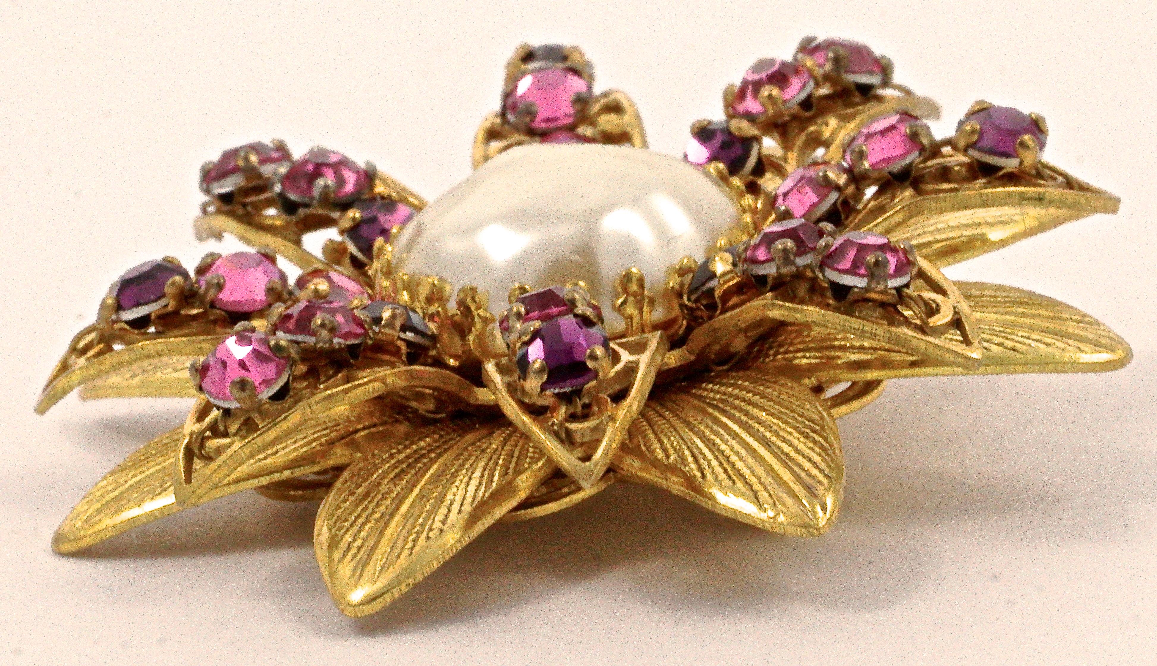 Miriam Haskell Gold Tone Baroque Pearl Brooch with Pink and Purple Rhinestones 2