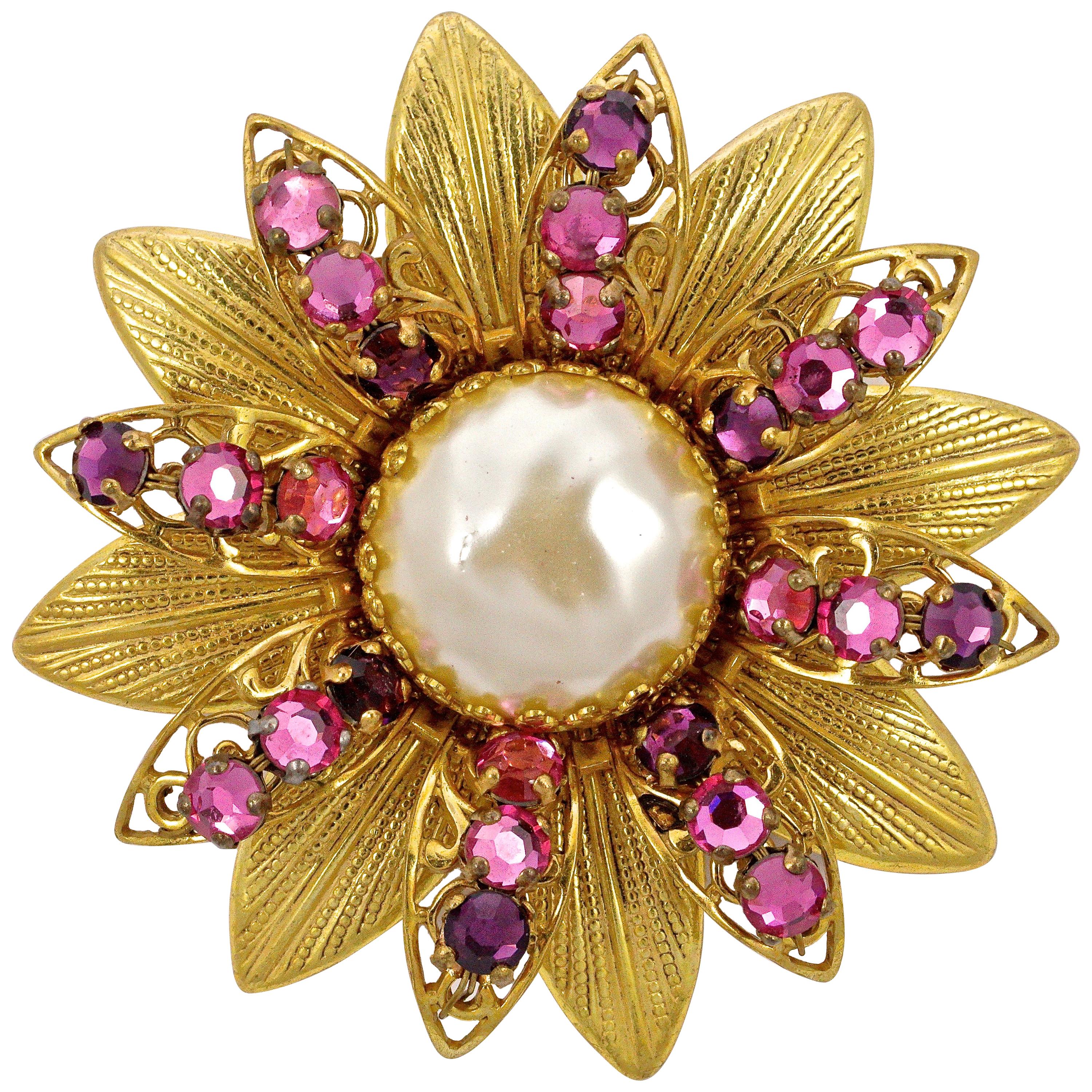Miriam Haskell Gold Tone Baroque Pearl Brooch with Pink and Purple Rhinestones