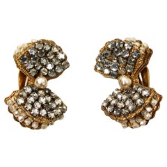 Miriam Haskell Gold-Tone Crystal 
Pearly Beaded Bow Earrings circa 1980s