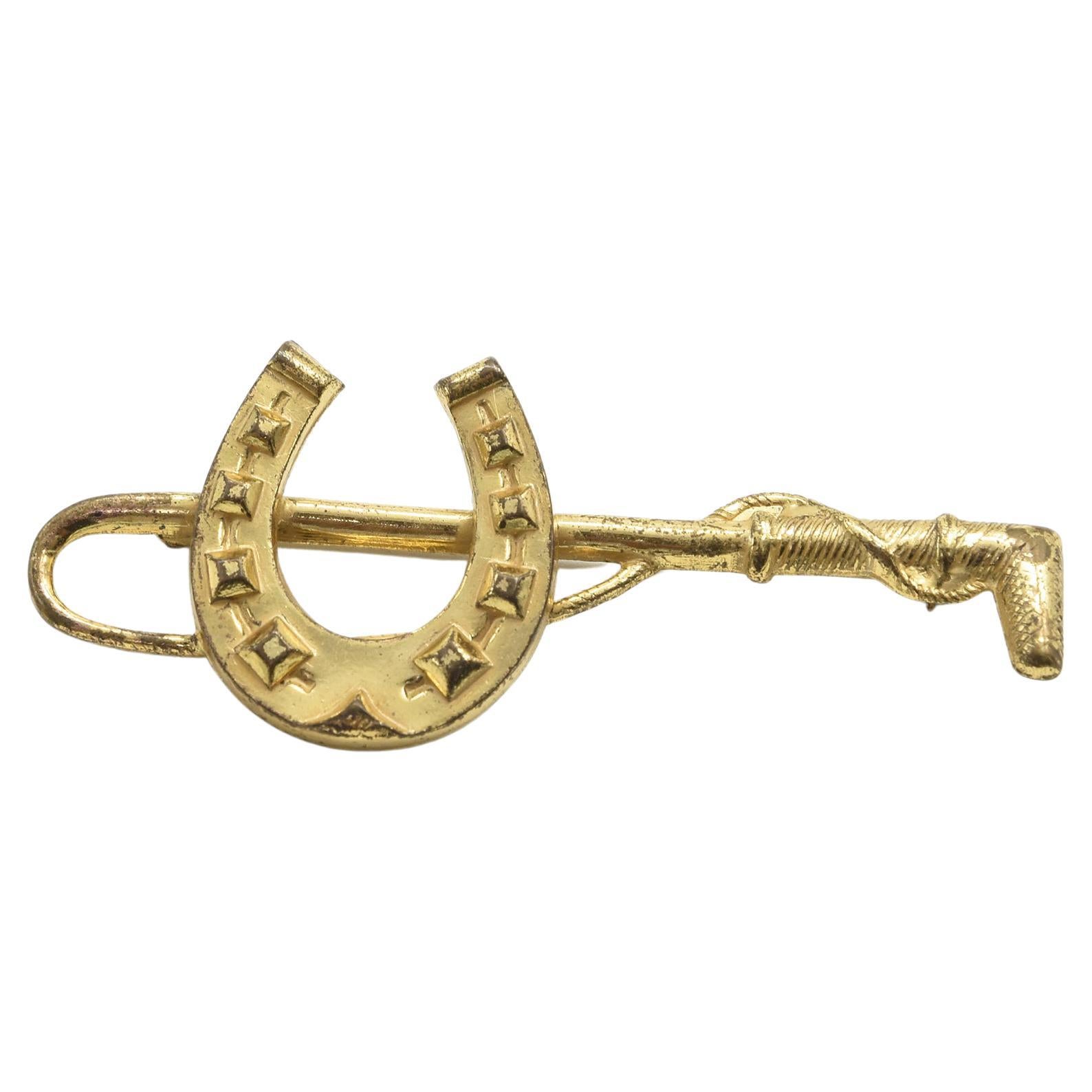 Miriam Haskell Gold Tone Good Luck Horseshoe Riding Crop Equestrian Brooch