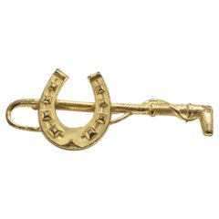Vintage Miriam Haskell Gold Tone Good Luck Horseshoe Riding Crop Equestrian Brooch