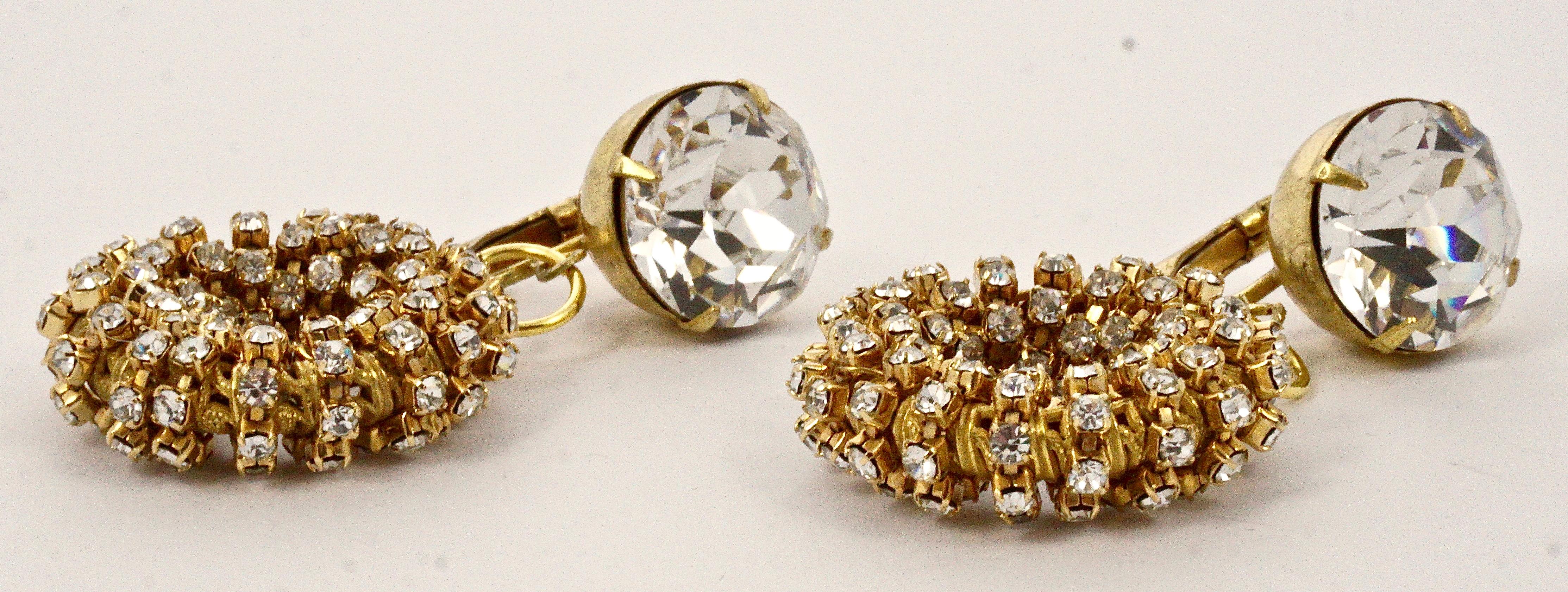 Women's or Men's Miriam Haskell Gold Tone Rhinestones Hoop Drop Clip On Earrings circa 1960s For Sale