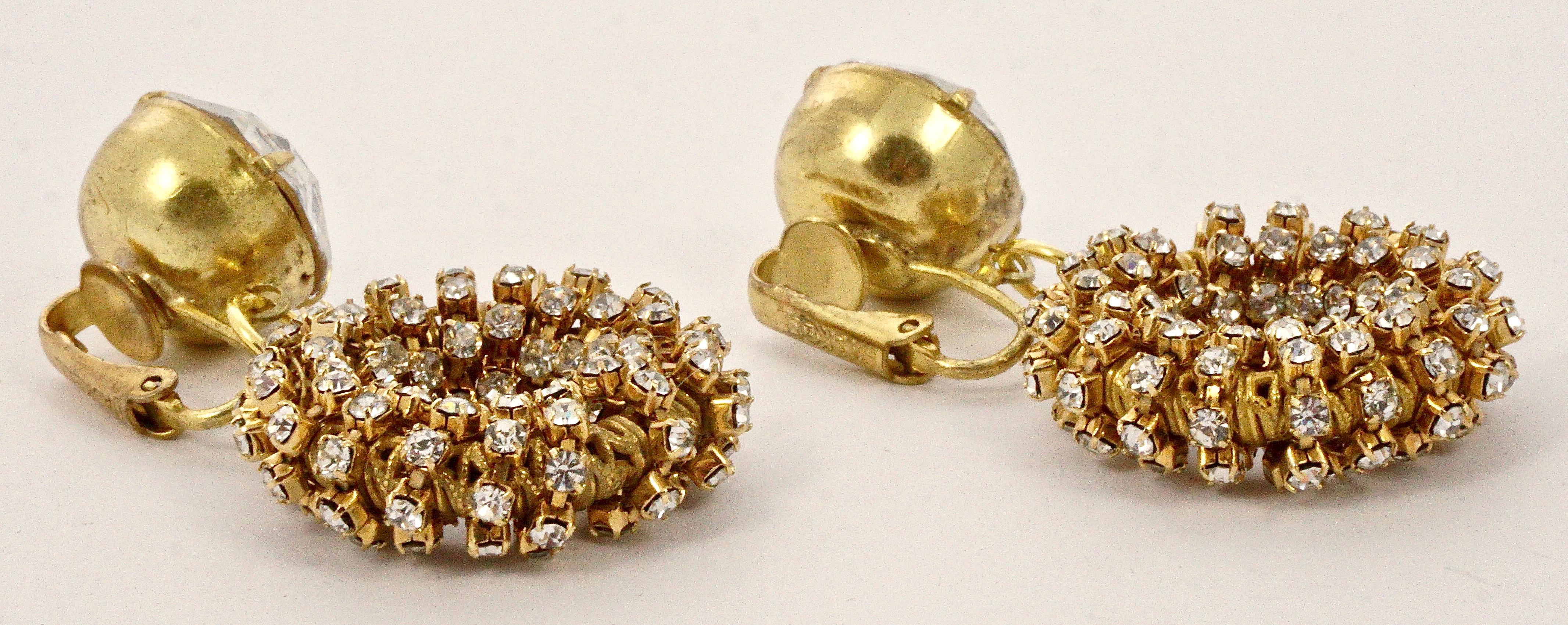 Miriam Haskell Gold Tone Rhinestones Hoop Drop Clip On Earrings circa 1960s For Sale 1