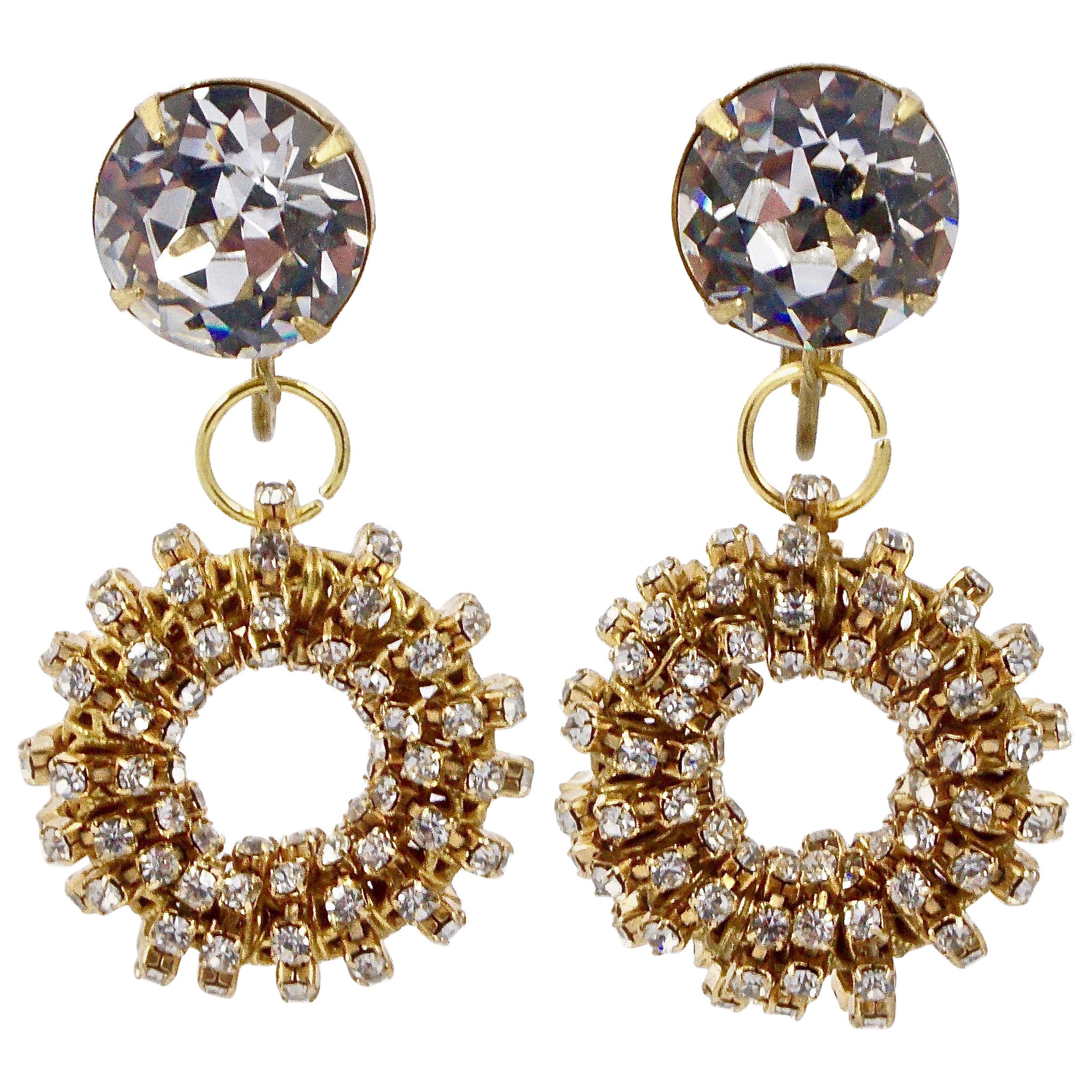 Miriam Haskell Gold Tone Rhinestones Hoop Drop Clip On Earrings circa 1960s For Sale