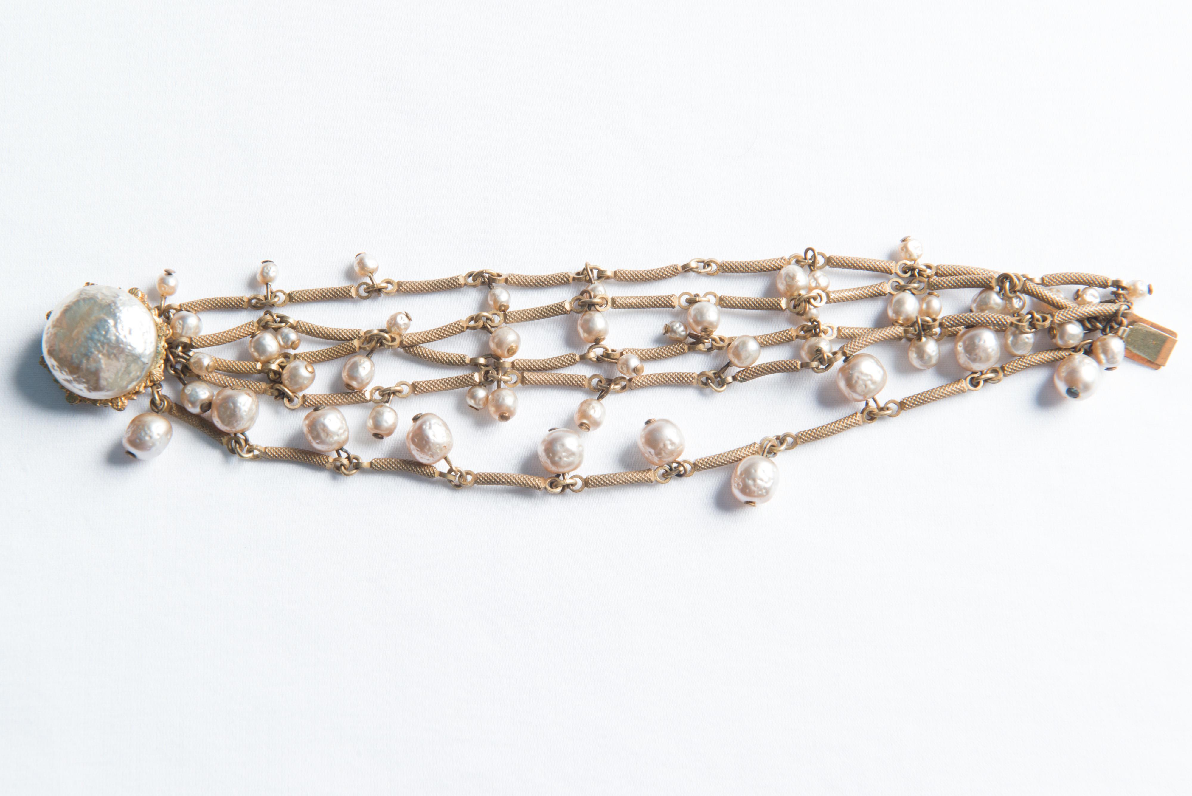 Miriam Haskell Goldtone Pearl Bracelet For Sale 2