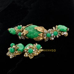 50s Miriam Haskell Jade Pate De Verre Cluster Rhinestone Parure Earrings Brooch