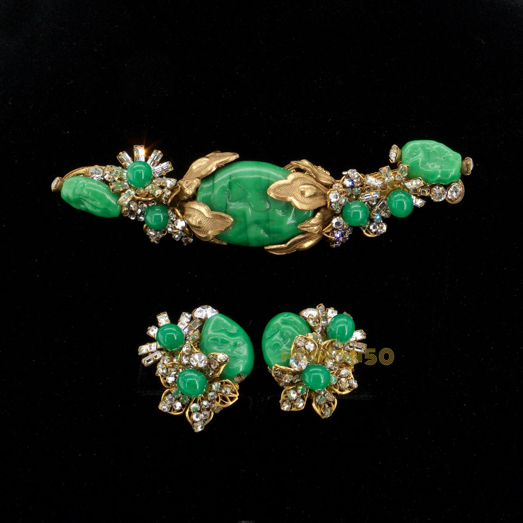 Art Deco 50s Miriam Haskell Jade Pate De Verre Cluster Rhinestone Parure Earrings Brooch