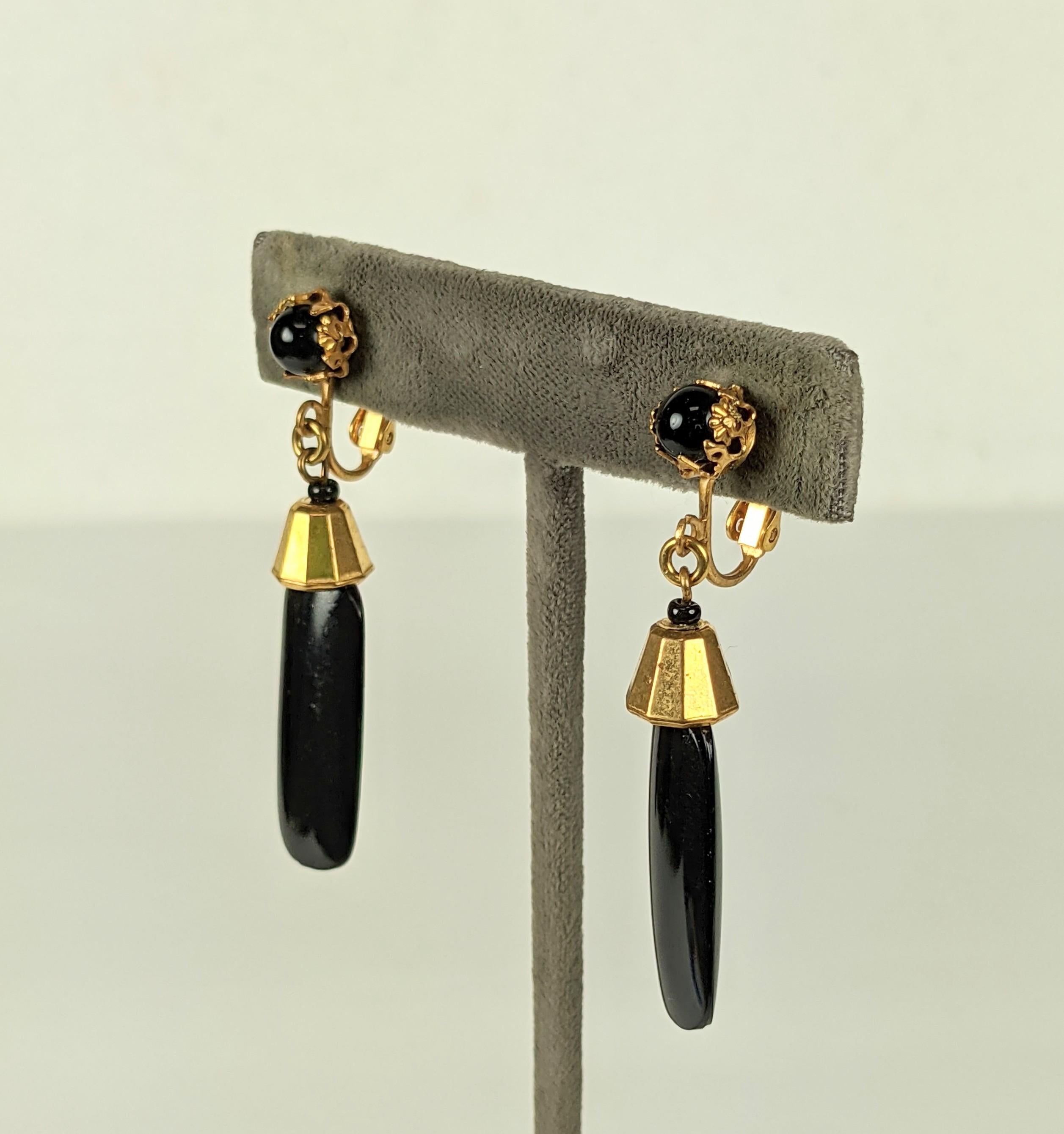 Miriam Haskell Jet and Gilt Drop Earrings from the 1980's. Adjustable clip back fittings with gilt faceted caps and jet drops.  2