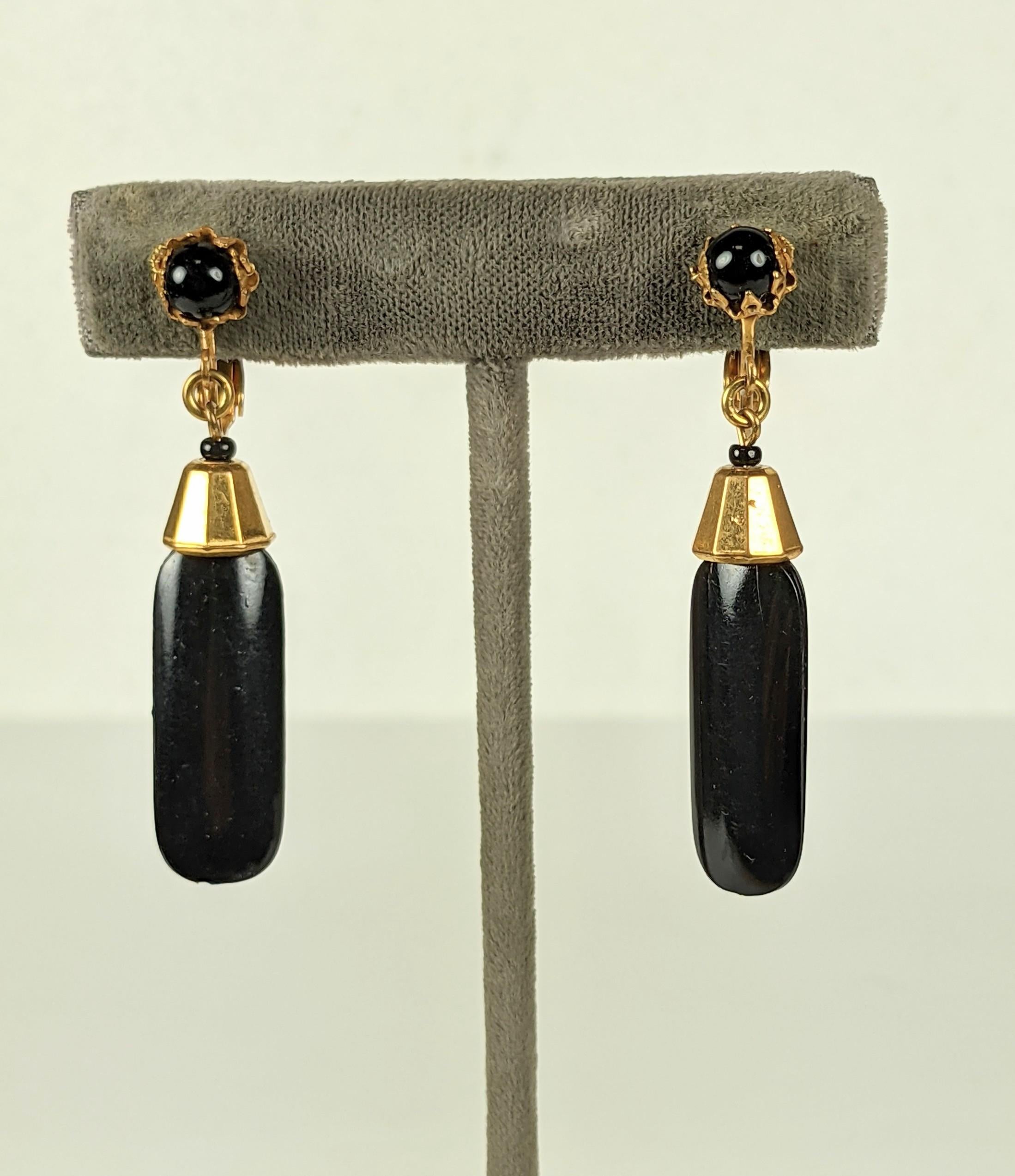 Miriam Haskell Jet and Gilt Drop Earrings In Excellent Condition For Sale In New York, NY