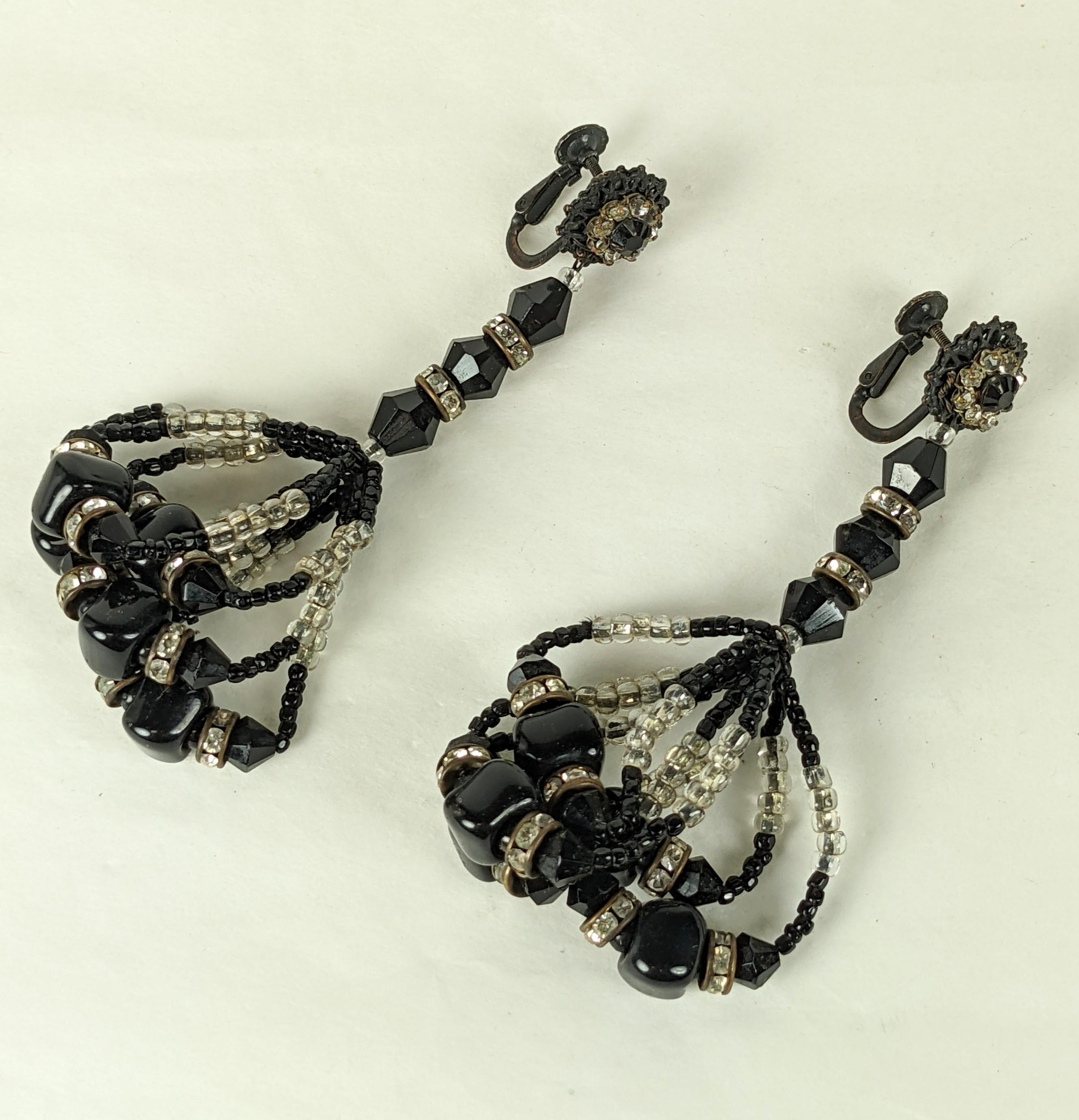 Miriam Haskell Jet and Seed Bead Tassel Earrings In Good Condition For Sale In New York, NY