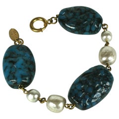 Vintage Miriam Haskell  Gripoix Glass Lapis Pate de Verre and Pearl Bracelet   