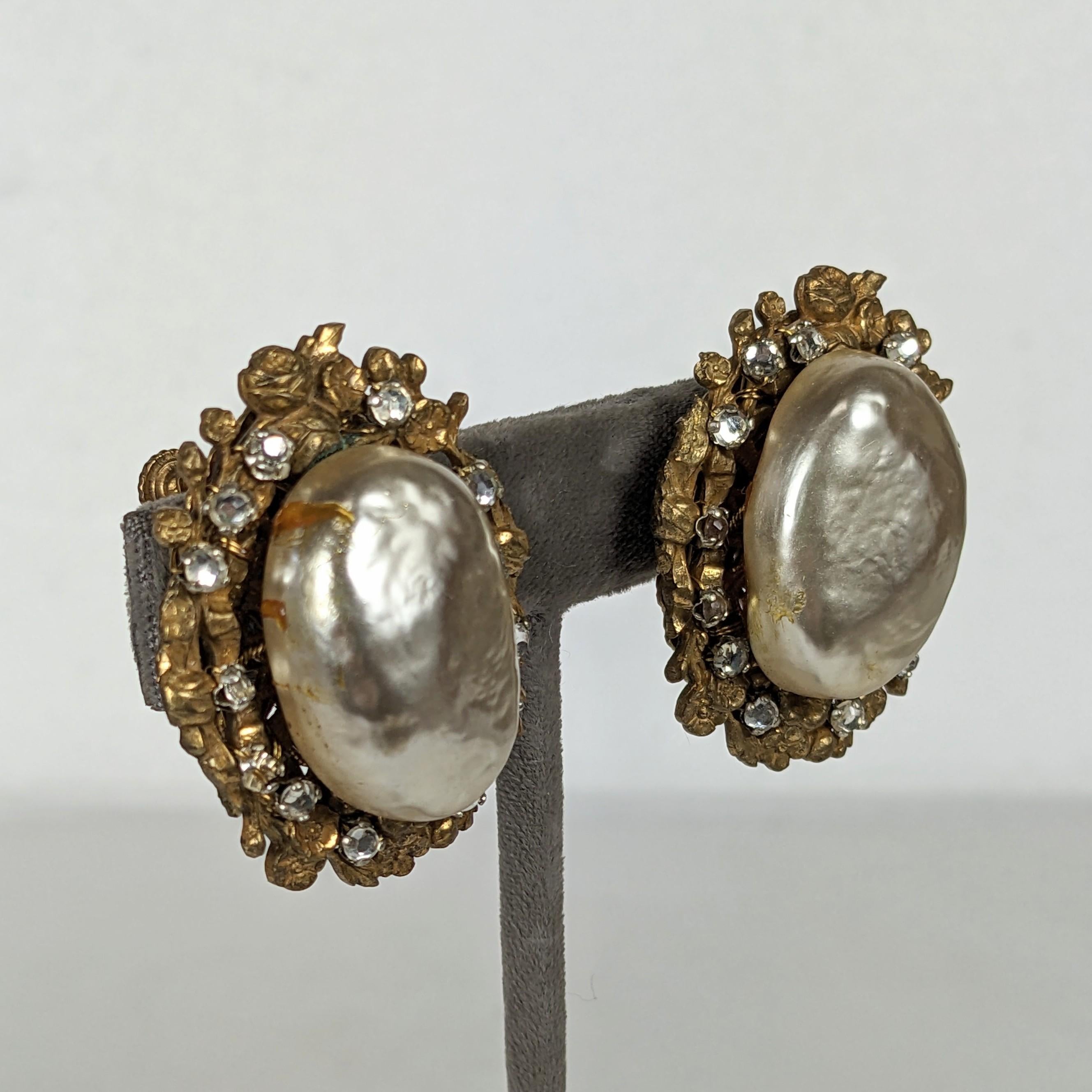 Artisan Miriam Haskell Large Faux Pearl and Crystal Earrings For Sale
