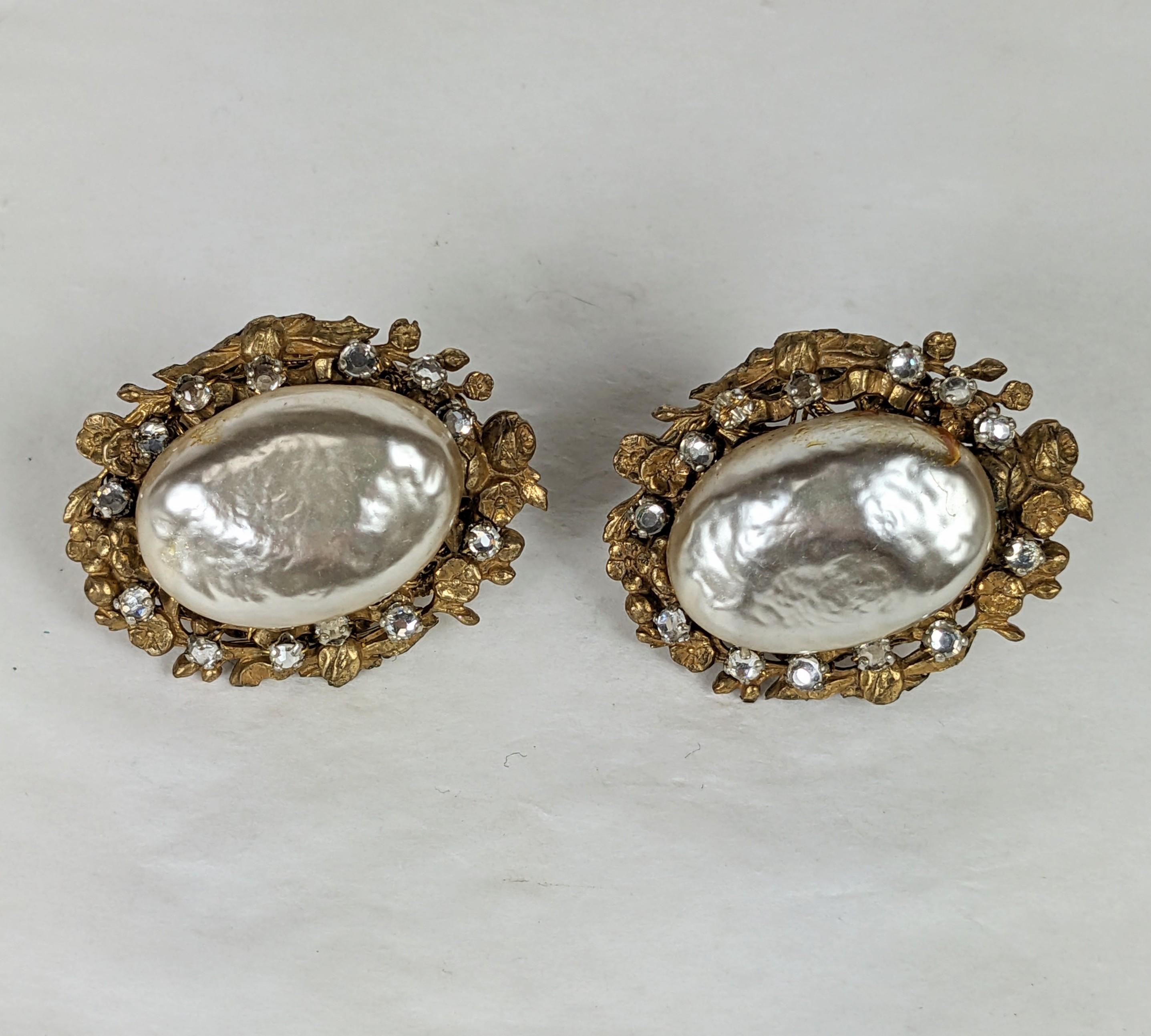 Miriam Haskell Large Faux Pearl and Crystal Earrings In Good Condition For Sale In New York, NY
