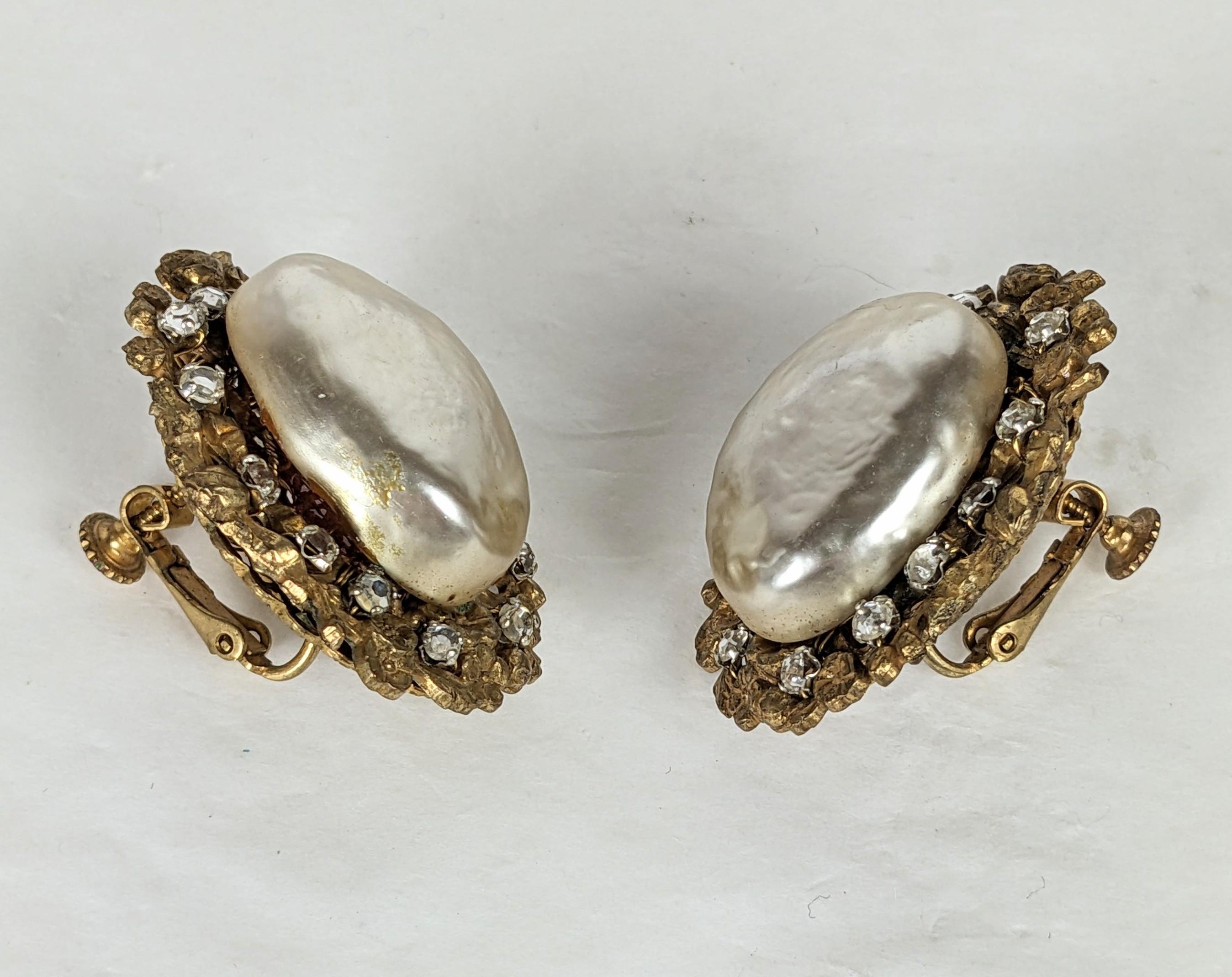 Women's or Men's Miriam Haskell Large Faux Pearl and Crystal Earrings For Sale